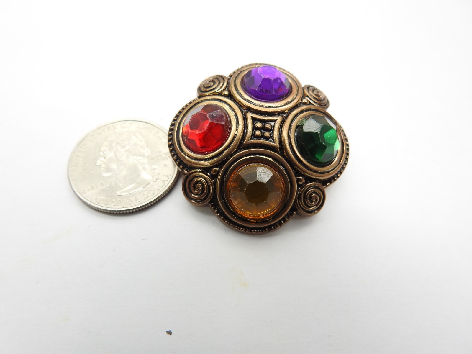 Red Purple Green Yellow Gold Tone Plastic Brooch Vintage