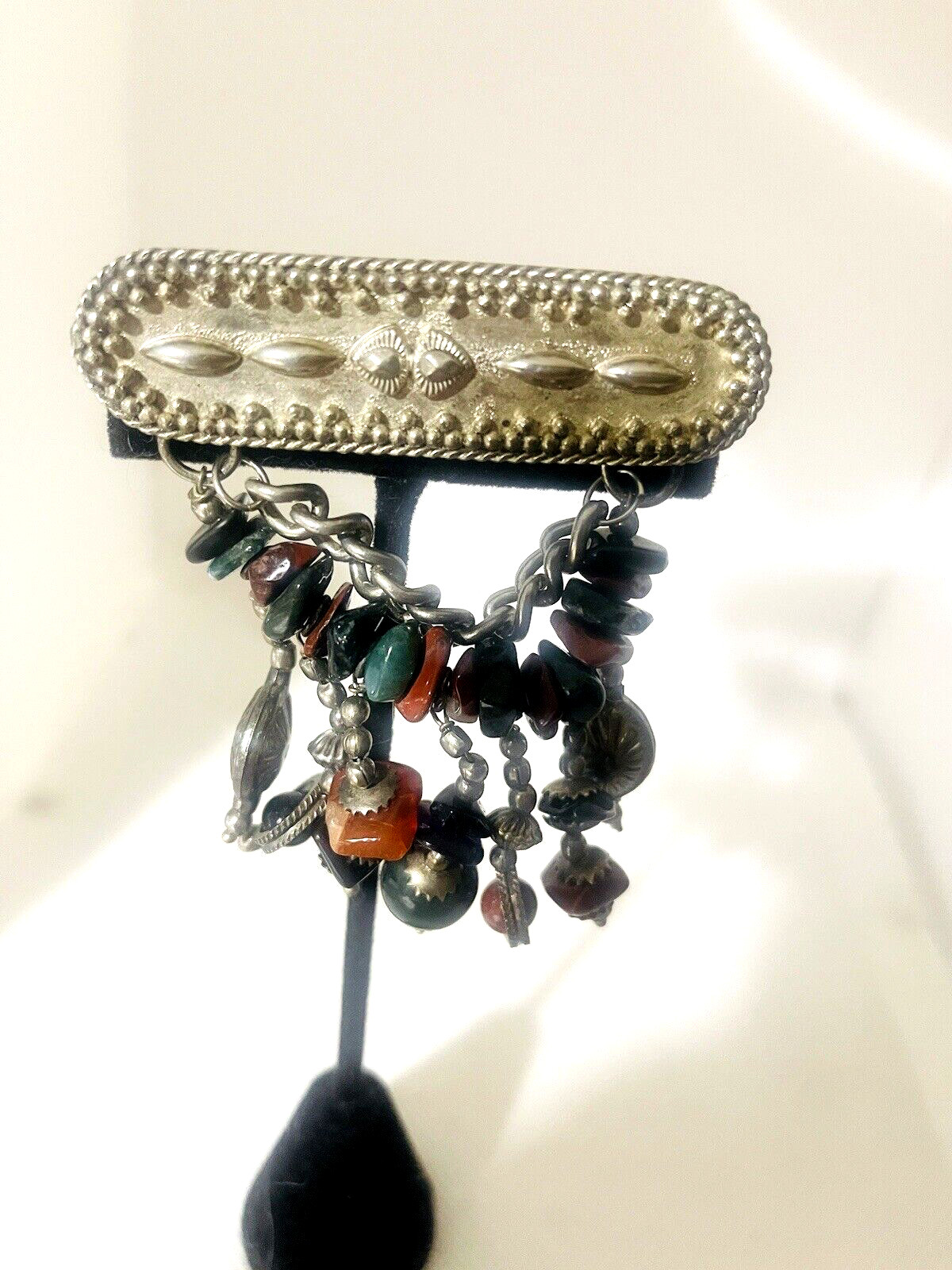 Vintage Hand Crafted Brooch Genuine Stone Chunks Unknown Metal Made In India