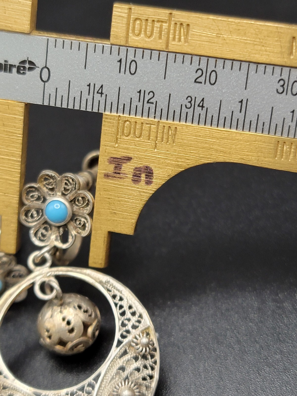833 Silver Filigree Drop Earrings Turquoise Accent Dangle Vintage Ethnic