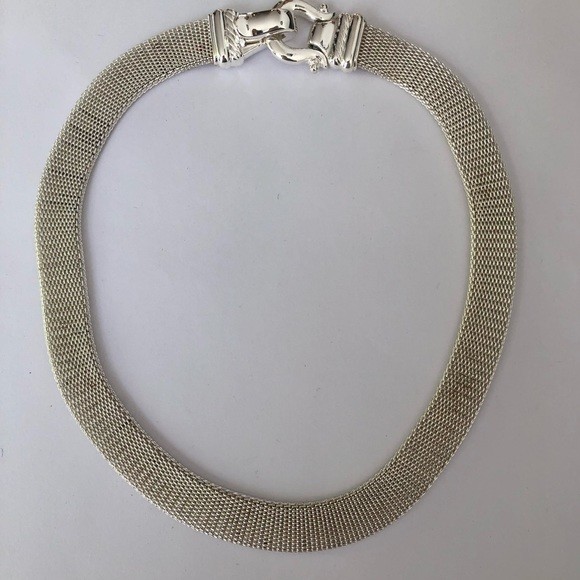Silver Tone Choker Necklace Magnetic Mesh Buckle