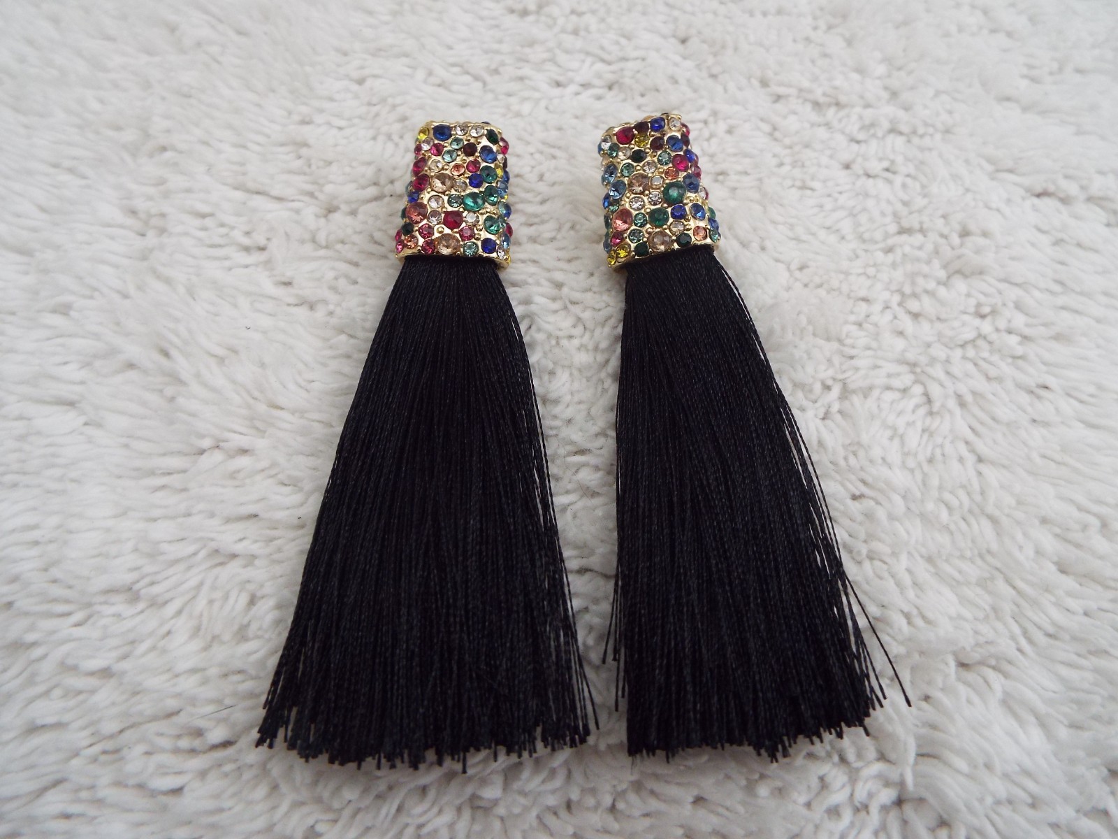 SUGARFIX Colorful Rhinestone Black String Fringe Pierced Earrings (J51)