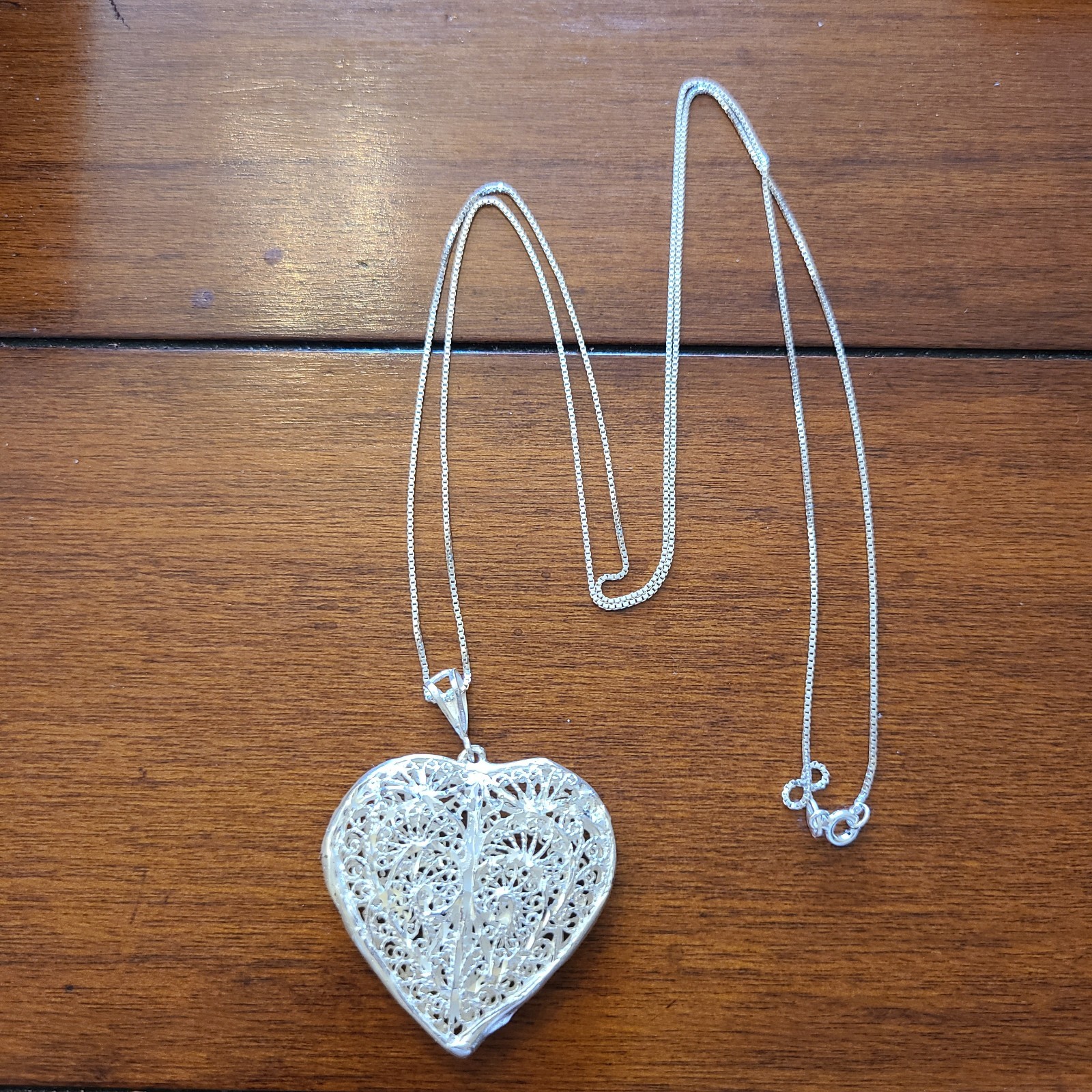 Vtg Sterling Silver Puff Large HEART NECKLACE 32″ Chain 14gm Filigree