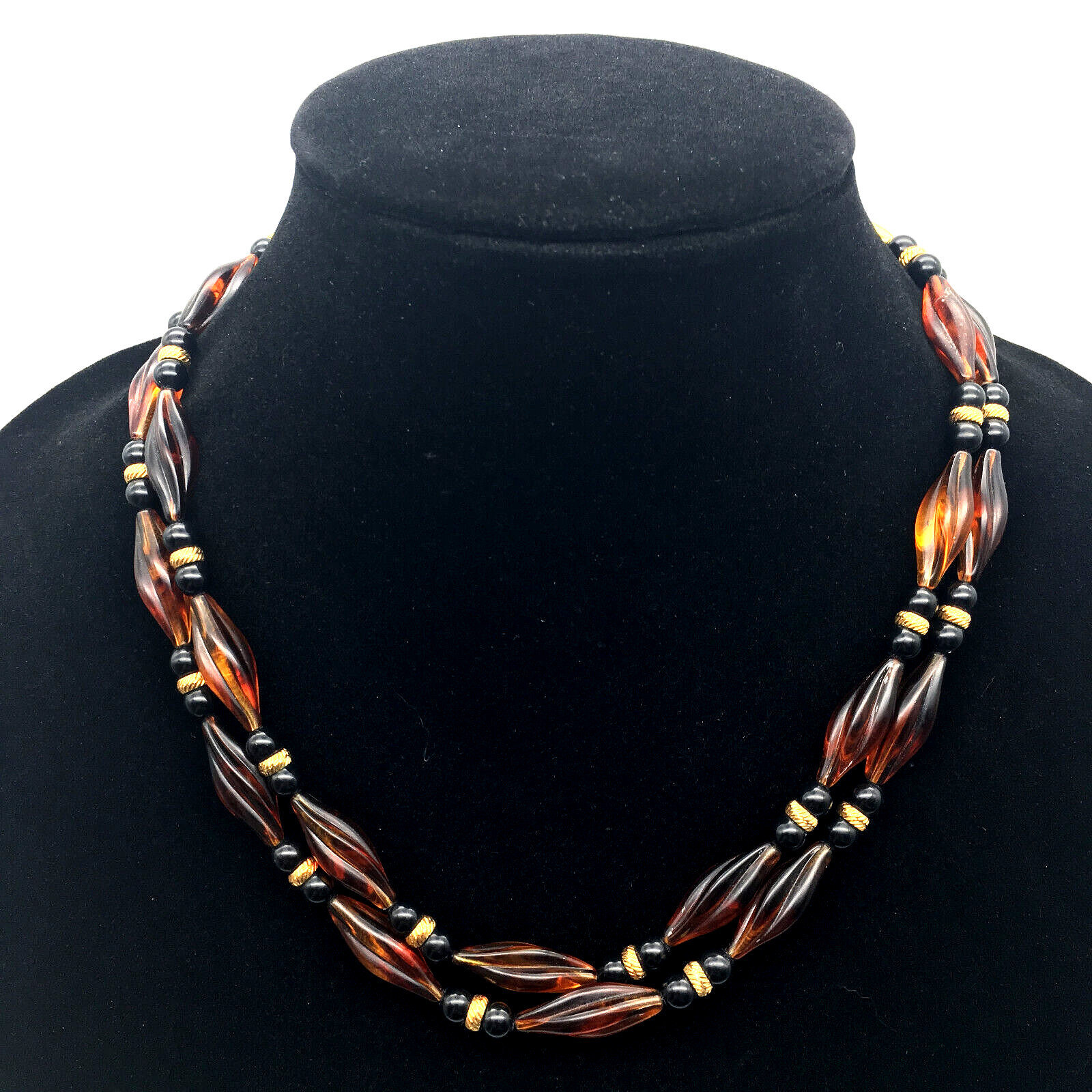 Vintage Honey Amber Twisted/Black Onyx Beads 14K Gold Fill Spacers 38″ Necklace