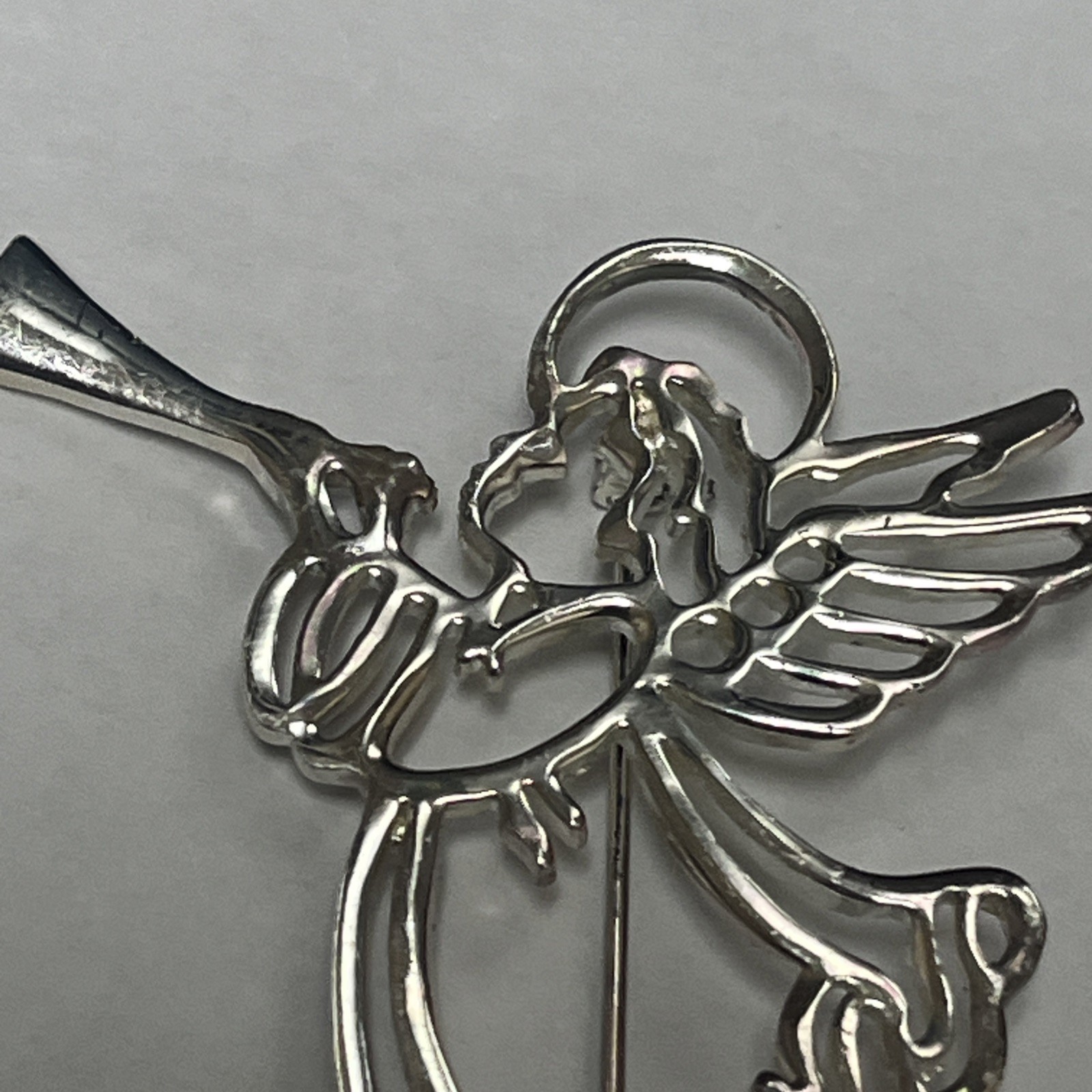 Vintage Silver Halo Angel With Wings & Blowing Trumpet Brooch Lapel Pin Costume