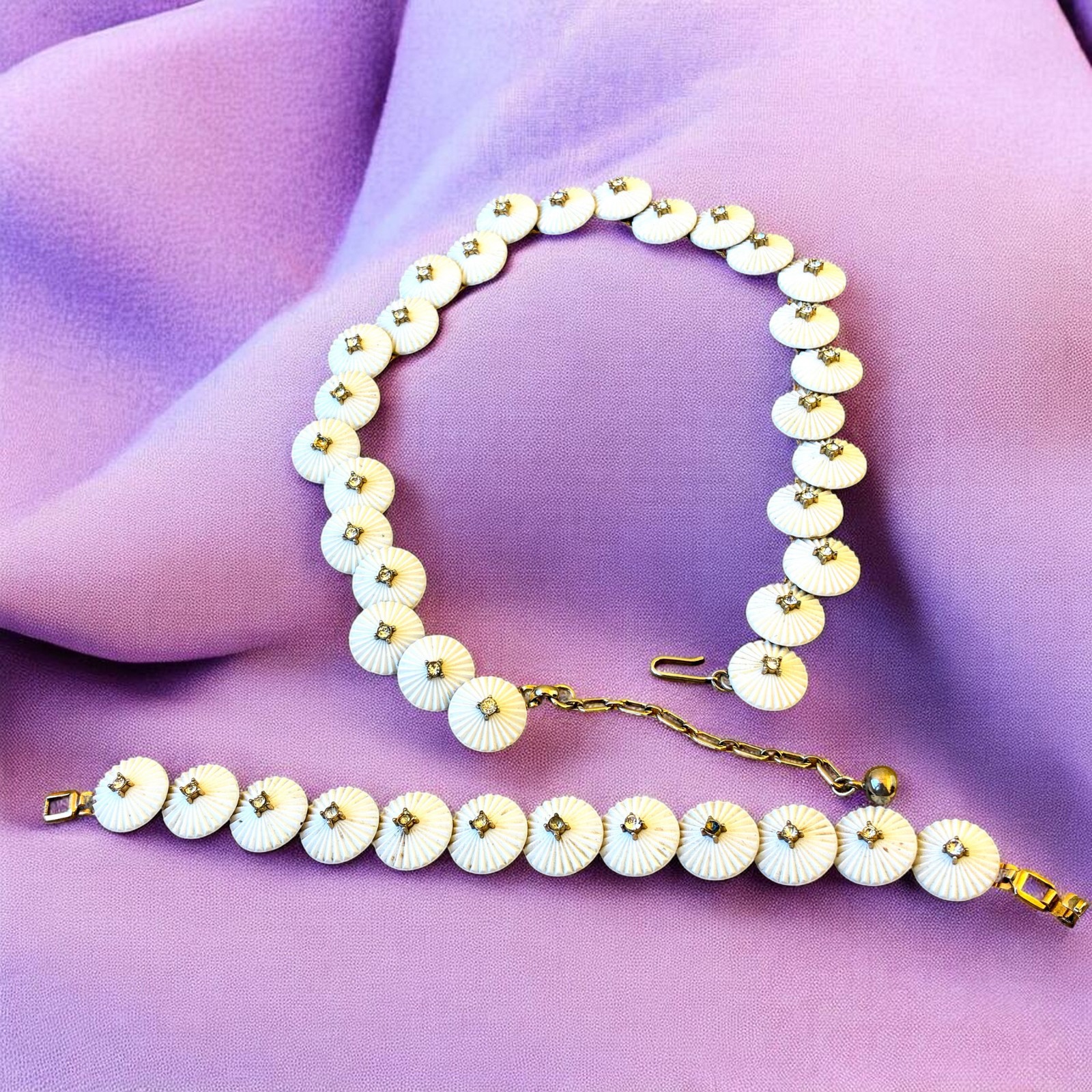 Vintage Necklace and Bracelet Set Shell Design Rhinestones AS IS
