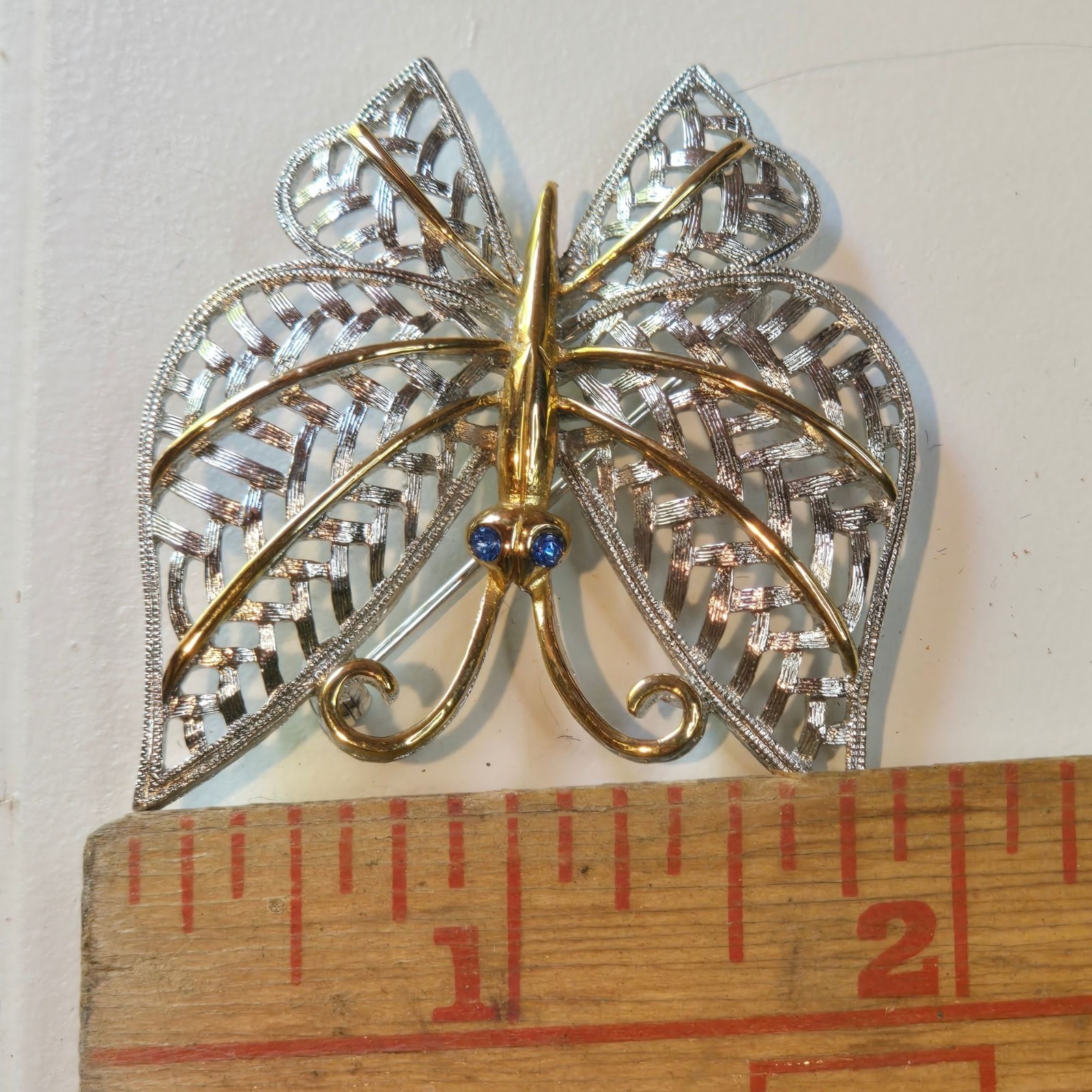 Vintage Avon Butterfly Brooch Silver Gold Tone Filigree Blue crystal Rhinestones