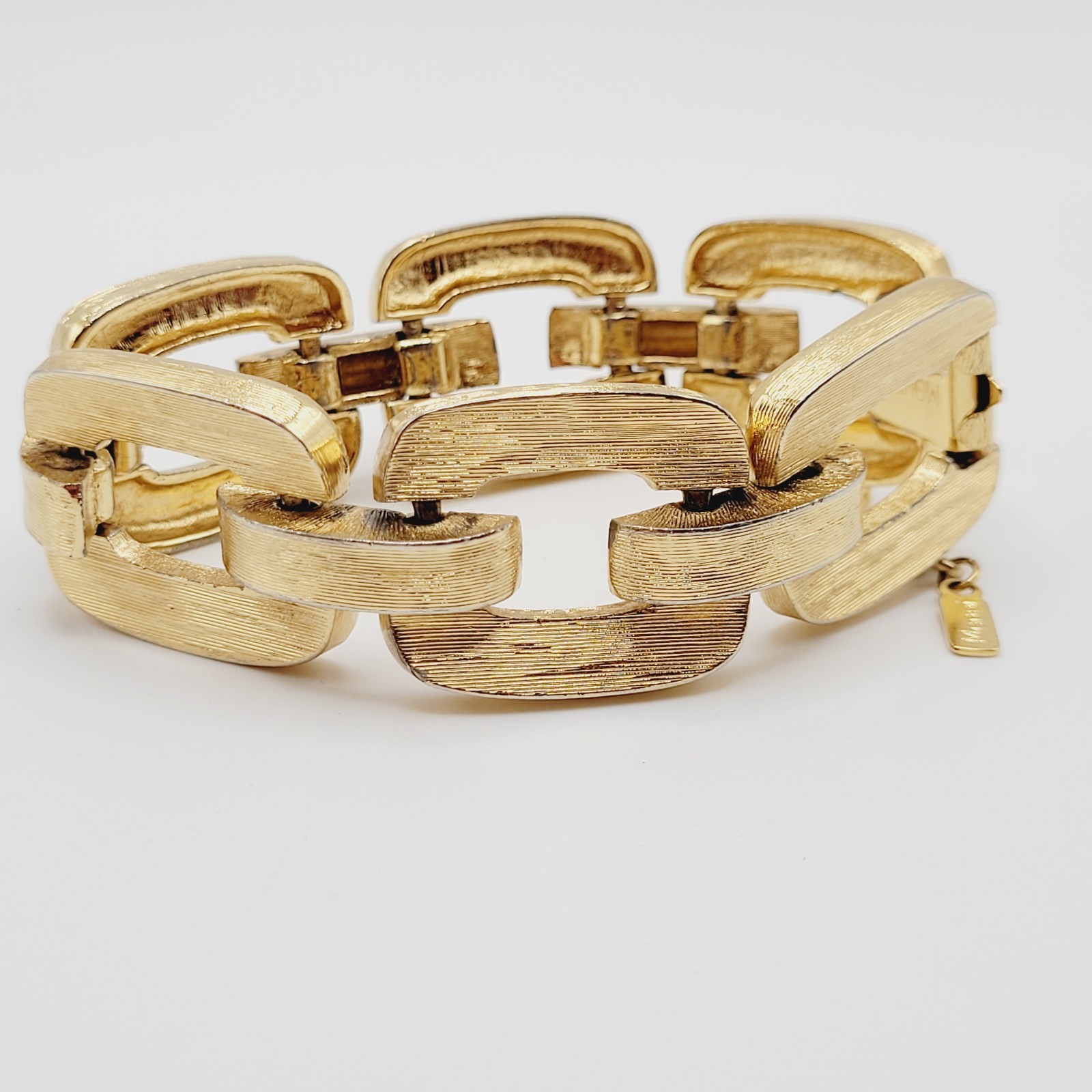 Monet Chunky Square Link Gold Tone Brush Finish Vintage Bracelet No Safety Chain
