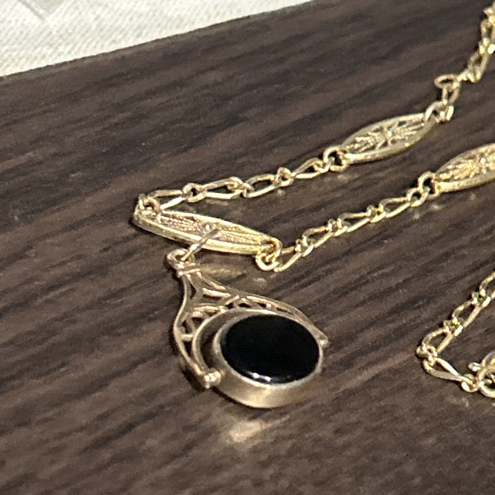 Vintage Birmingham 9ct 375 Gold Fob Onyx Bloodstone Spinner GF French Necklace