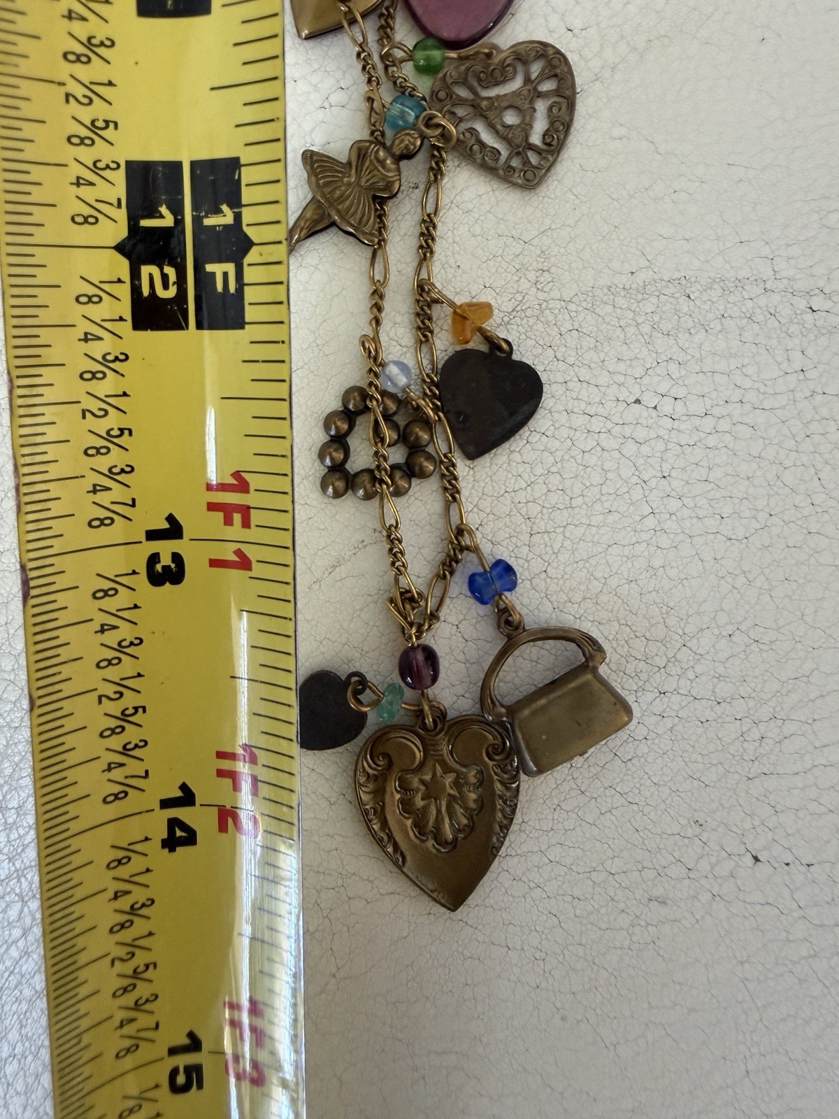 Vintage Signed Glassworks Studio Multi Charm Love Luck Fun Heart 28″ Necklace