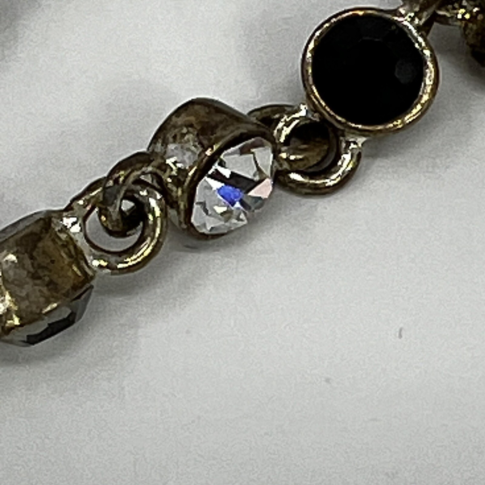 VTG Bracelet 7” Black Clear and Gray Rhinestones Brushed Antiqued Silver SEE