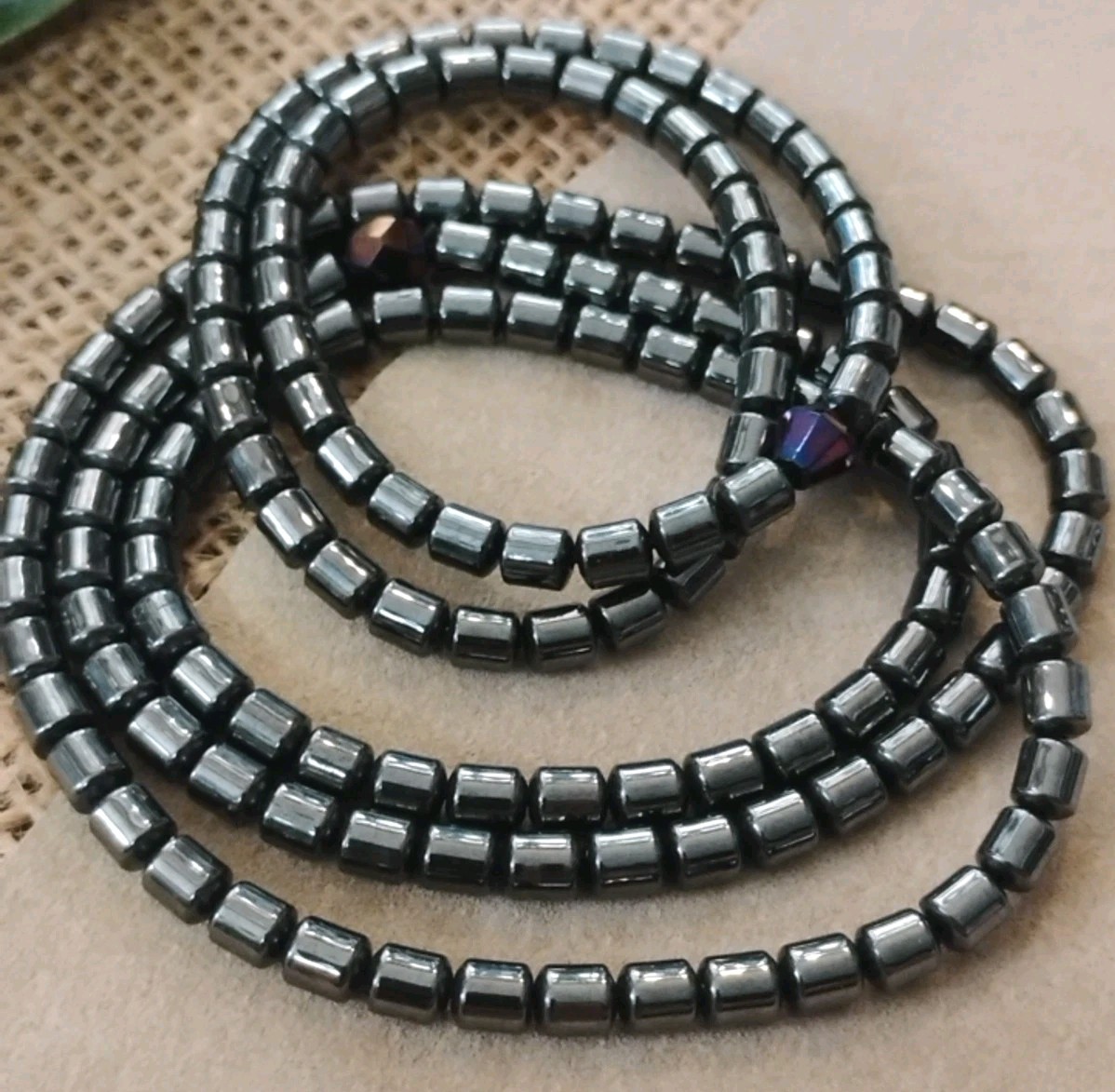 Vtg “Sleek” Hematite Stretch Beaded Necklace and Anklet Set, Accent Beads!