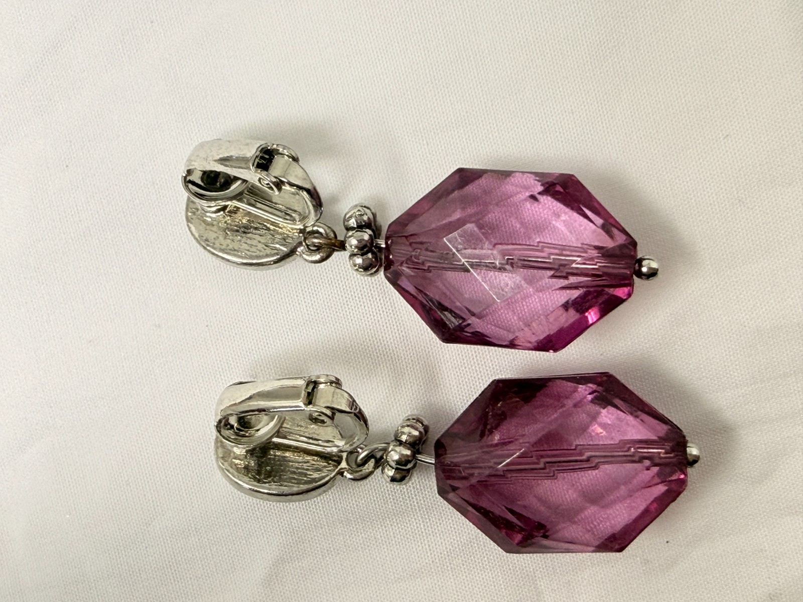 Purple Cabochon Acrylic Crystal Silver Tone 1.5″ Drop Dangle Clip on Earrings