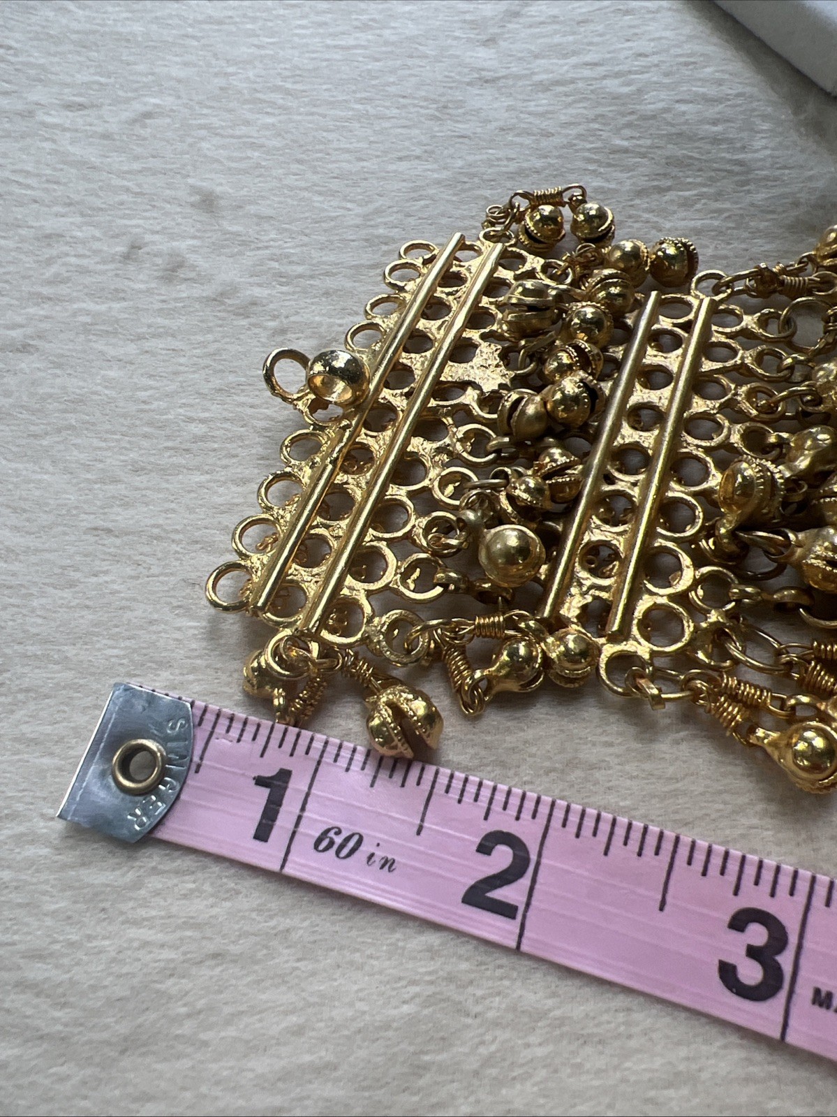 Vtg FESTOON NECKLACE Pendant GOLDWASH BRASS FILIGREE ROSETTES DANGLES