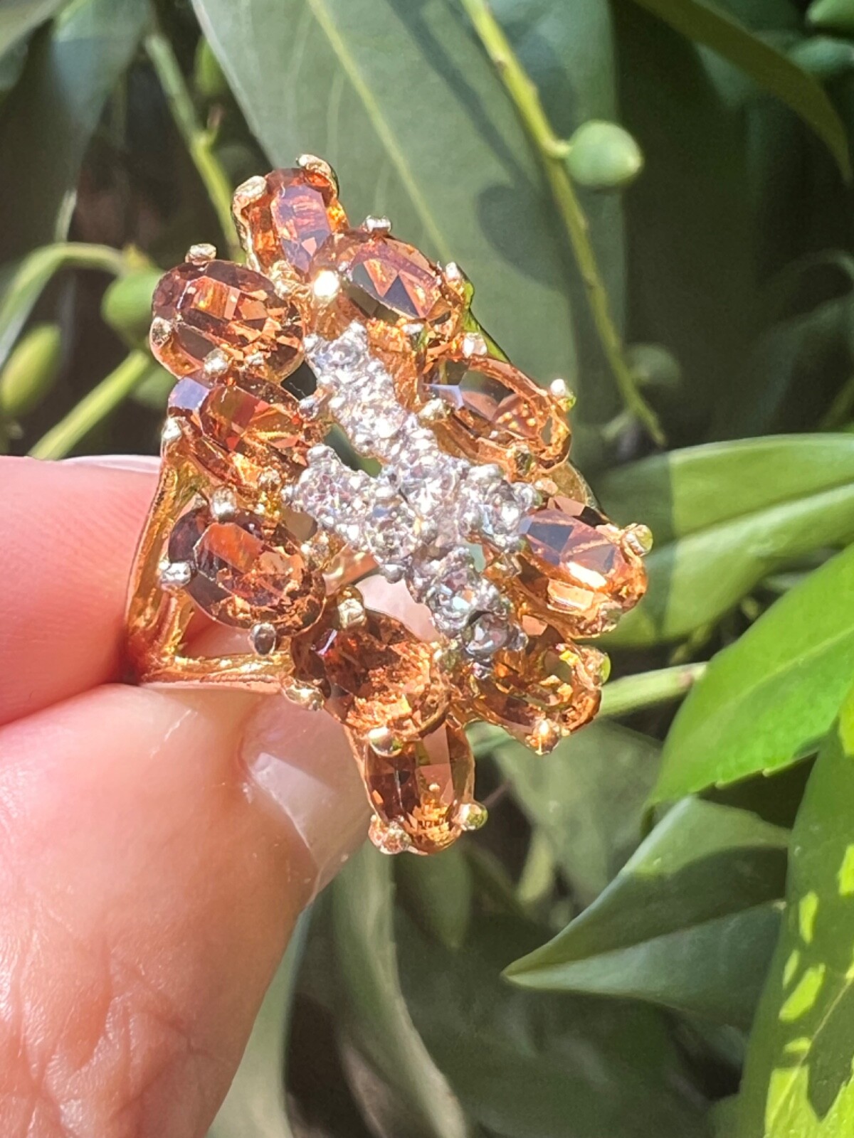 VINTAGE LARGE FAUX CITRINE GLASS CZ CUBIC ZIRCONIA COCKTAIL DRESS RING STATEMENT