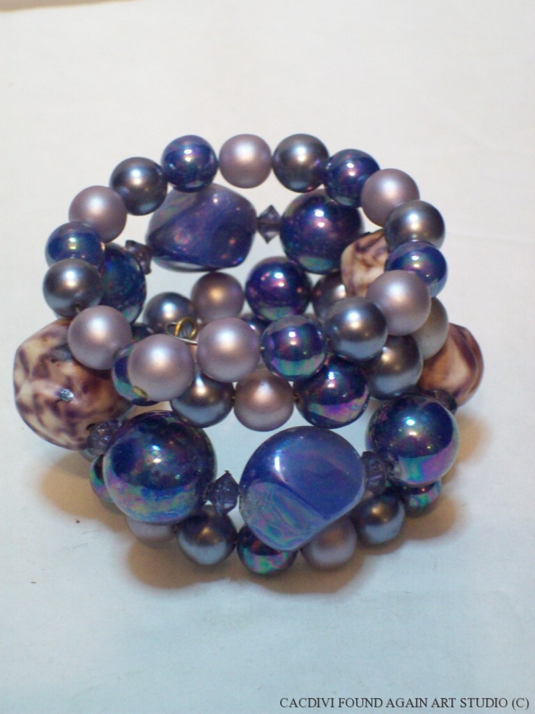 Retro Blue Purple Bead Bracelet Multi Strand Dimple AB Faux Pearl Wire Wrap Vtg