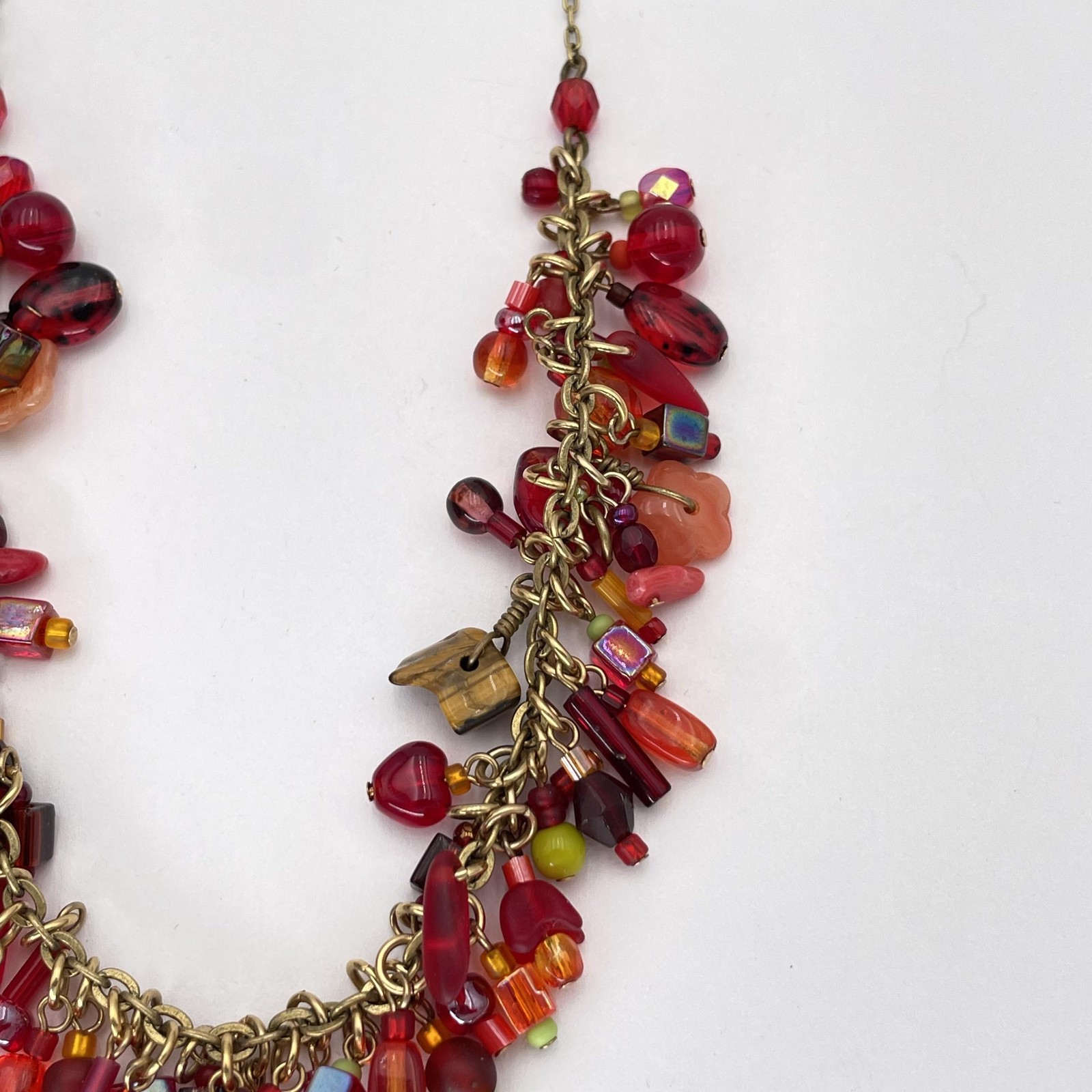 Red Multicolor Beaded Statement Bib Necklace Brass Chain Boho Jewelry