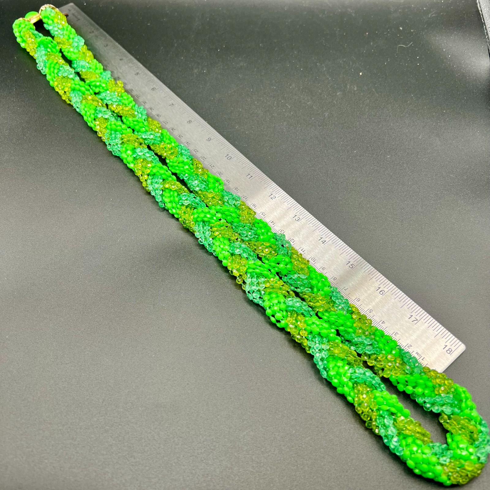 Vintage Bright Green Opera Length Necklace Torsade Twisted Beaded Statement
