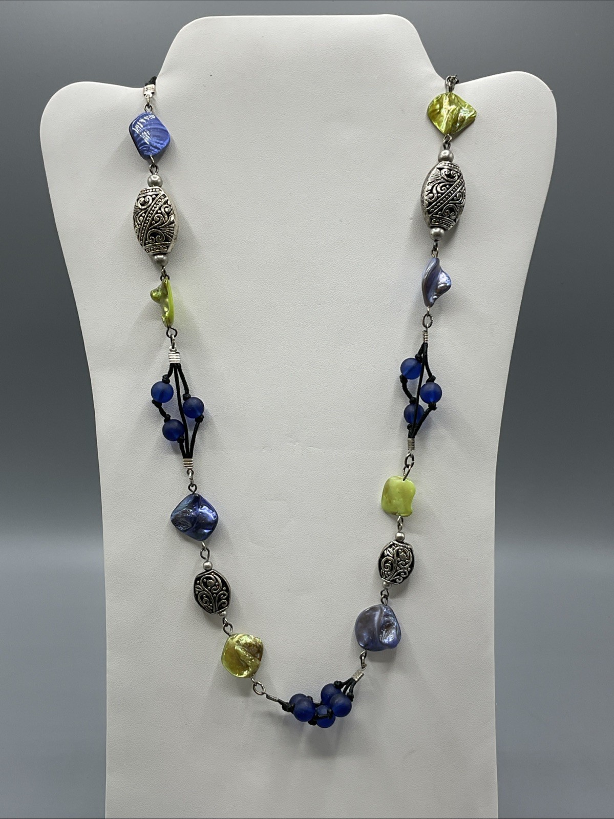 38” Designer Signed Coldwater Creek Silvertone Blue Green Shell Bead Necklace