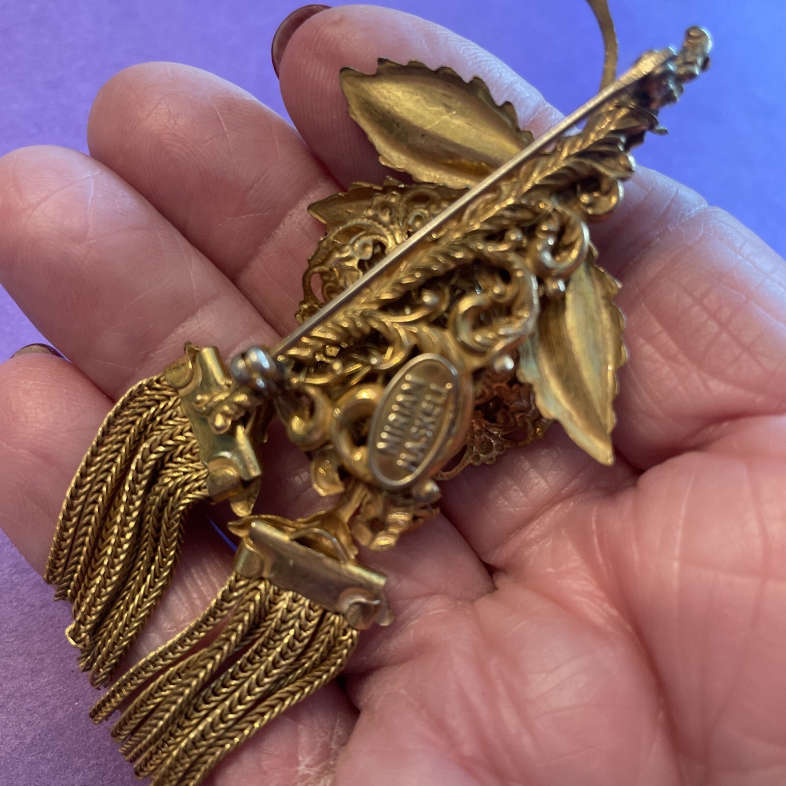 Vintage Signed Miriam Haskell Dangling Tassels GoldTone Brooch S04