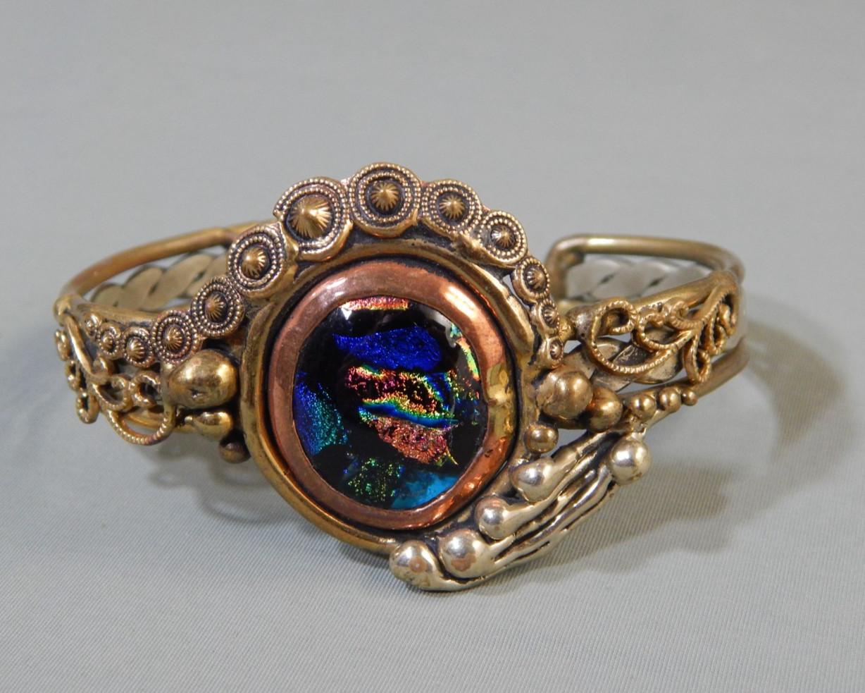 Vintage Handmade Brass Silver Copper Dichroic Glass Brutalist Modernist Bracelet
