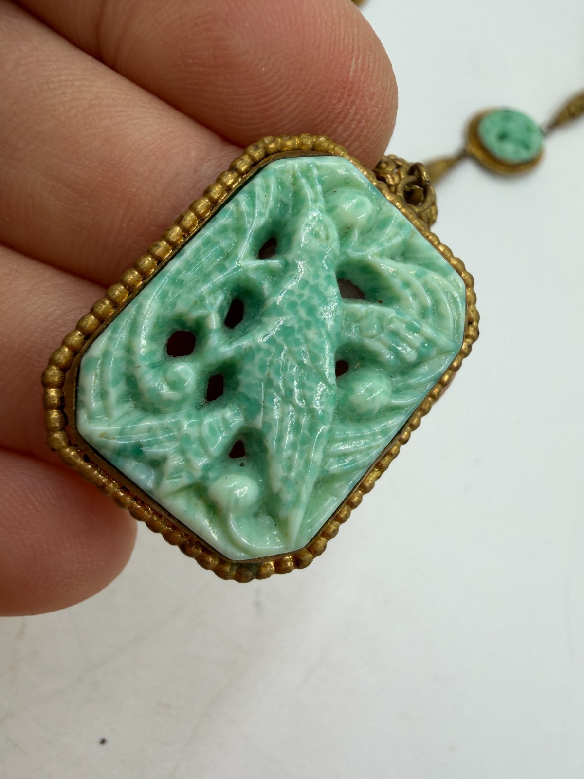 Vintage Necklace Art Deco Green Art Glass Bird Brass Asian Pendant Filigree PJ