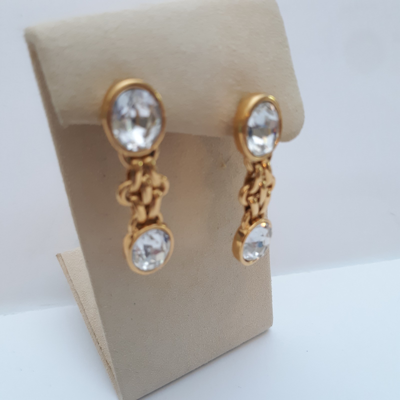 Vintage Chain Dangle Earrings Double Faceted Rhinestones Gold Tone Pierced