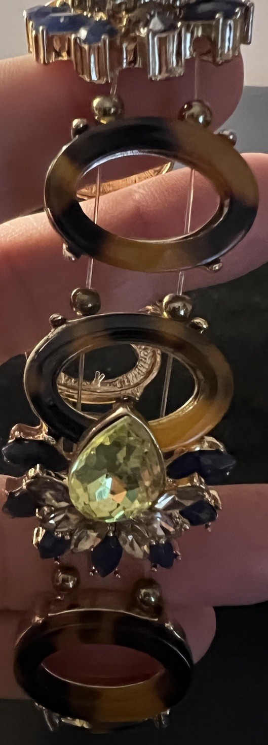 Vintage Oval Tortoise Shell Peridot Green Crystal & Blue Stretch Band Bracelet