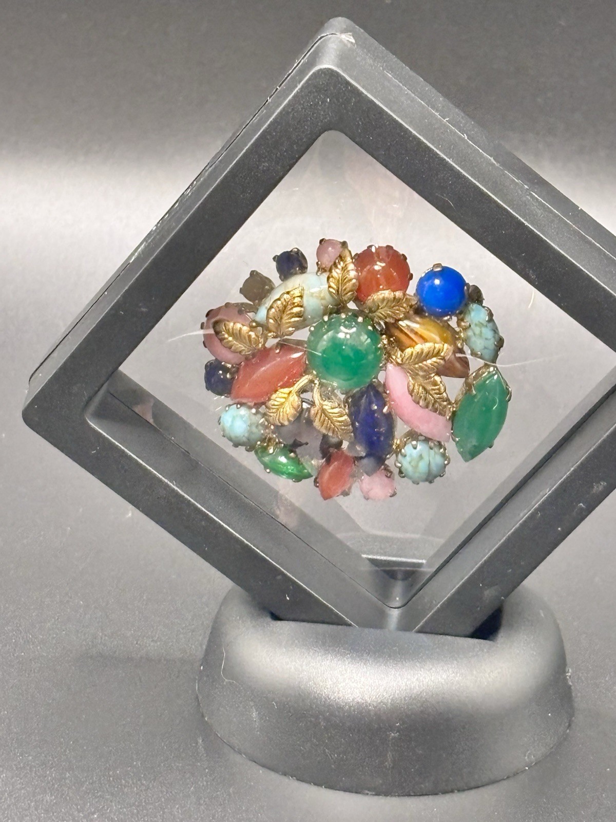 Vintage Czech Glass Multicolor Multi Shape Rhinestone Brooch Gold Tone Leaves