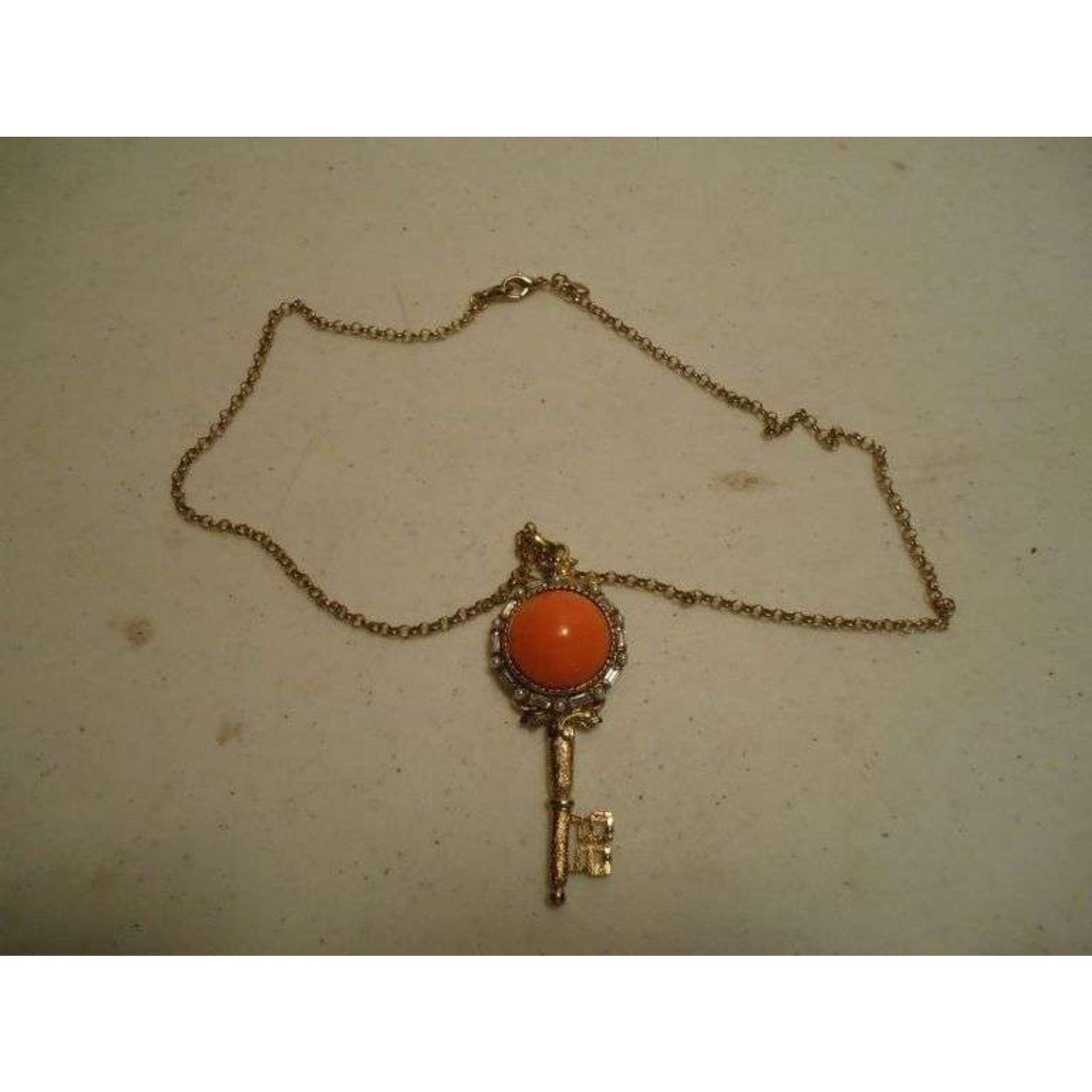 Kenneth Jay Lane Signed Key Necklace with Orange Cabason, Rhinestones and Pearls