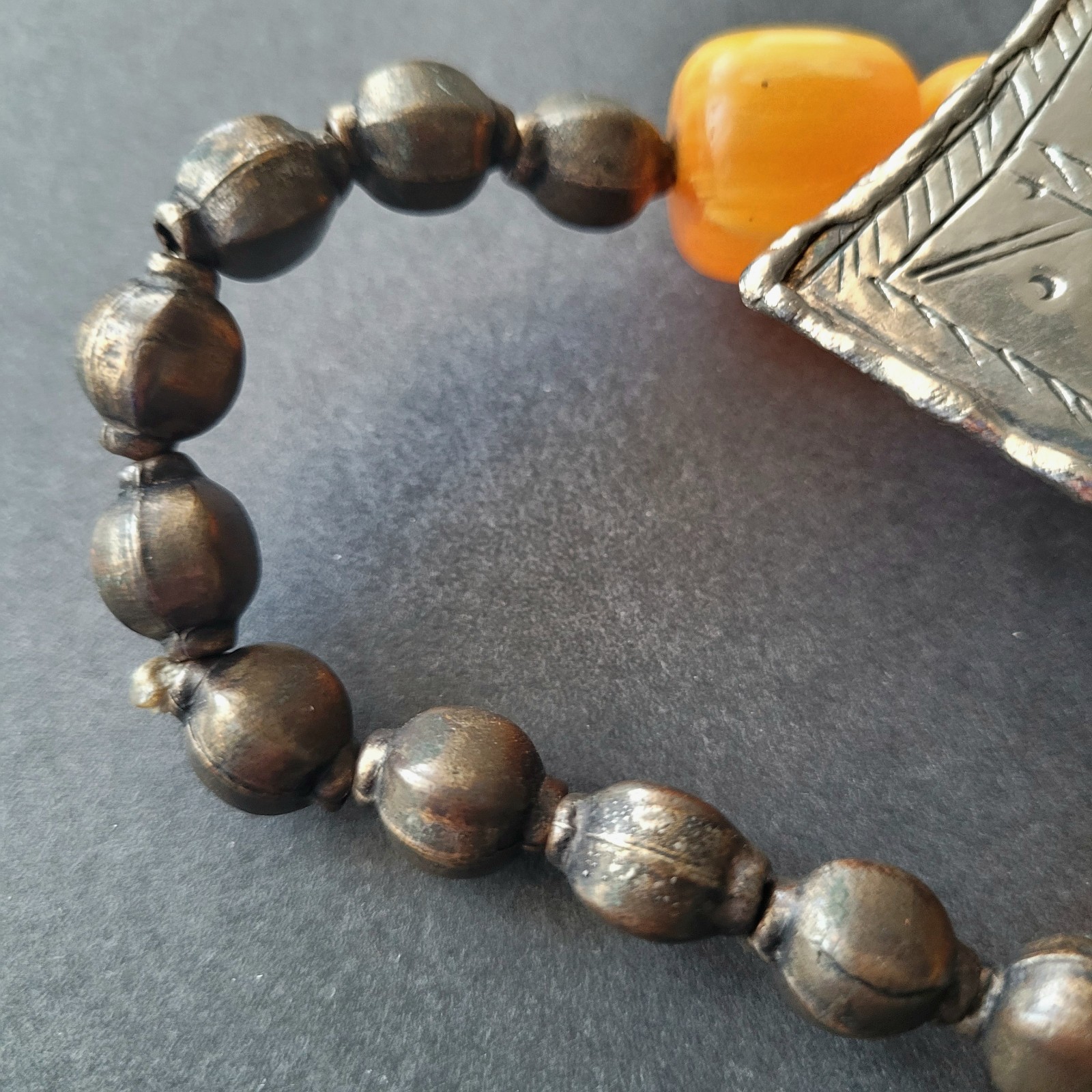 Vtg Pressed Amber Resin ? Prayer Beads Necklace Silverplate Pendant Moroccan