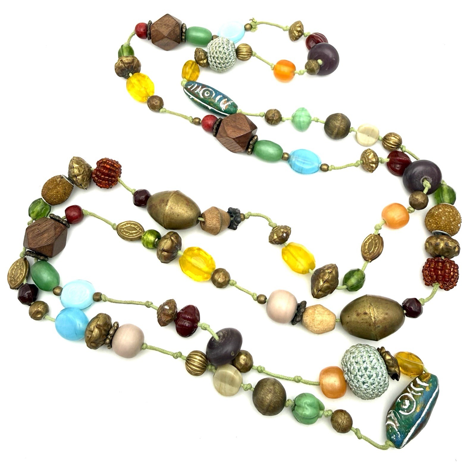 Vintage Mix Bead Necklace Knotted Multicolor Glass Crochet Wood Ceramic Metal 60