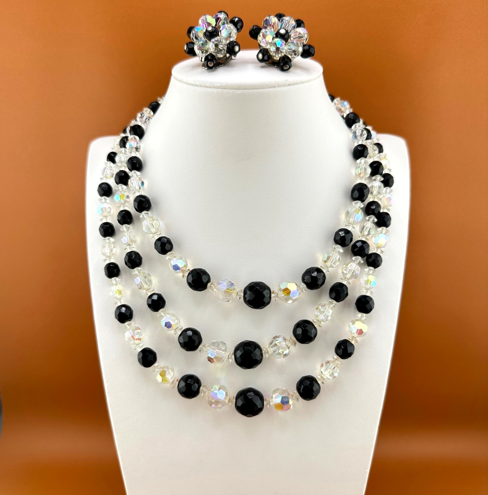 Vintage AB Crystal Bead Necklace Earrings Set Triple Strand Black & Clear 15″