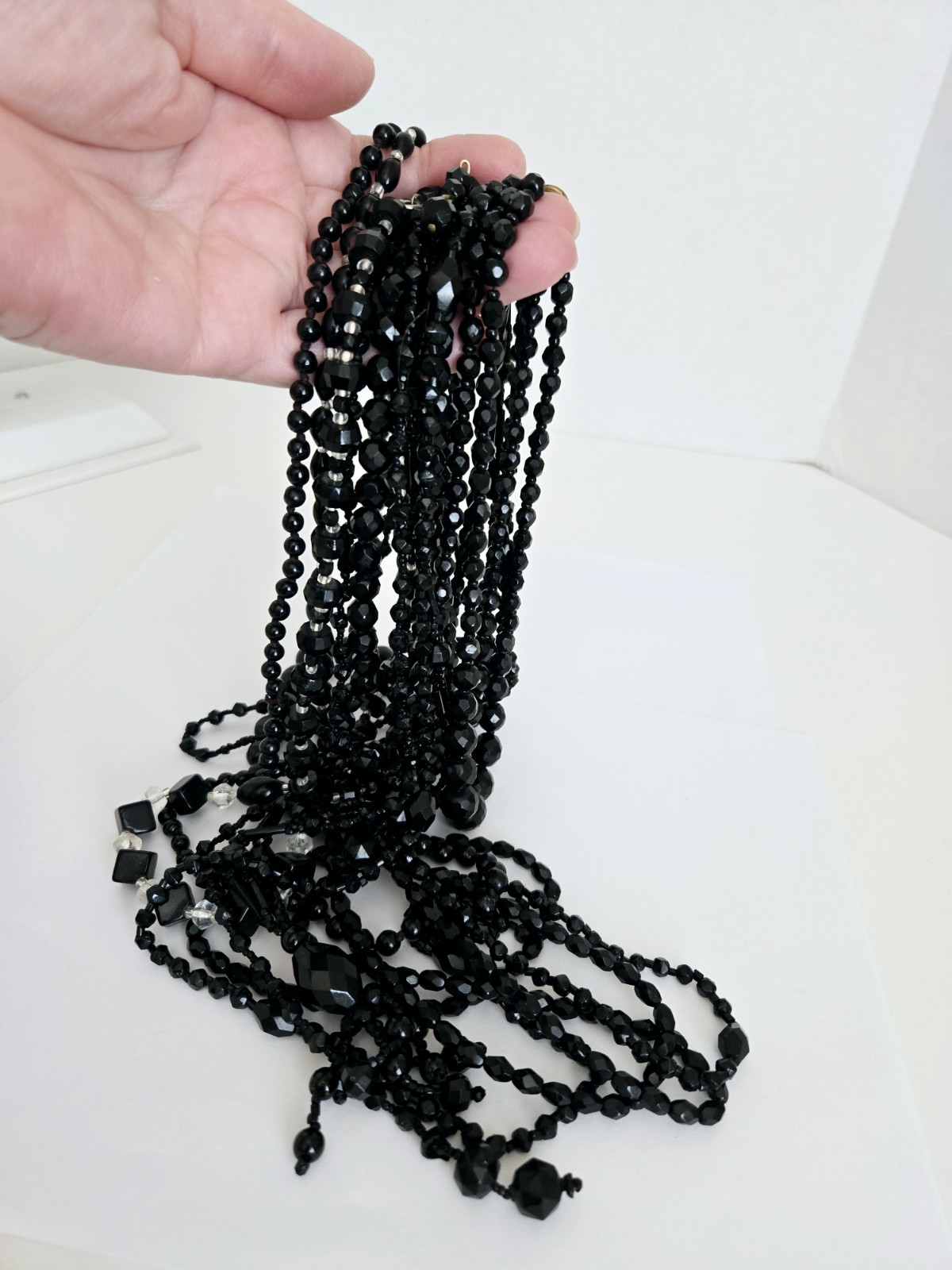 Lot of 9 Vintage Black Glass Faceted Beads Necklaces Different Styles & Sizes