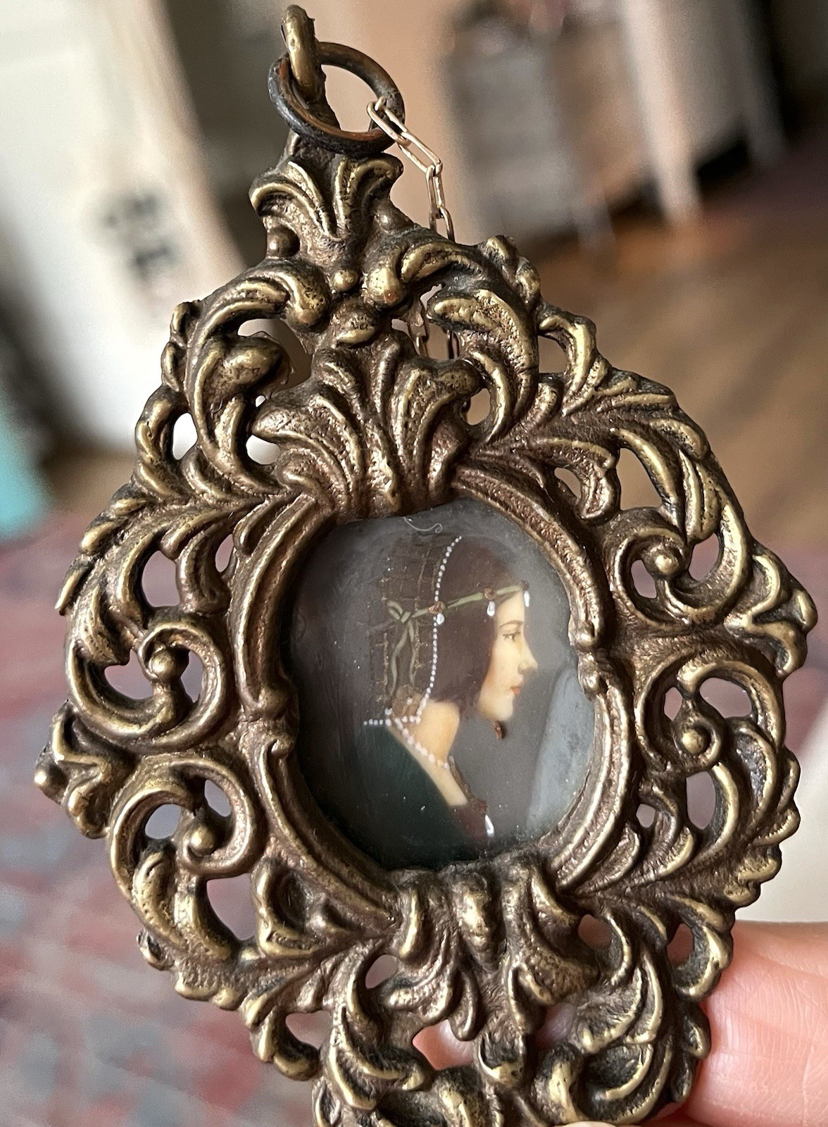 1840 Italian Portrait Pendant ST CECILIA with Harp Enamel Miniature Rome Bronze