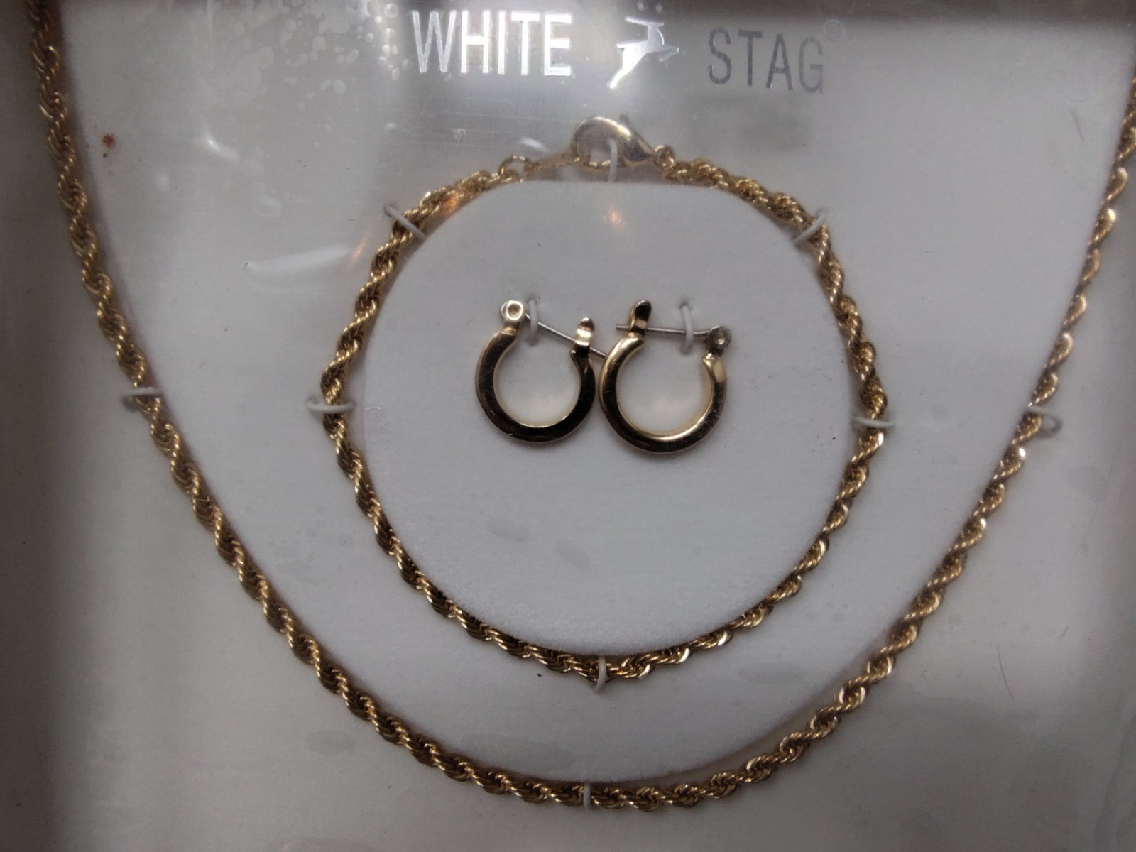 Vintage White Stag Gold Tone Jewelry Set Boxed Earrings, Necklace, Bracelet
