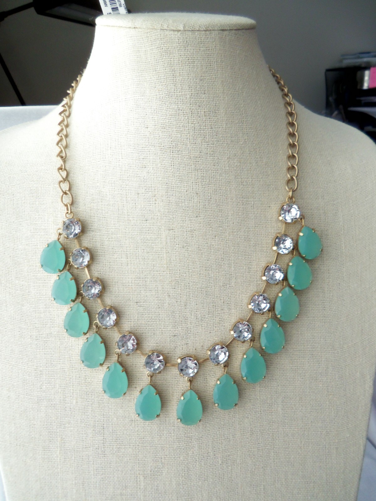 Danielle Stevens Mint Green Lucite Crystal Stones Fringe Bib Statement Necklace