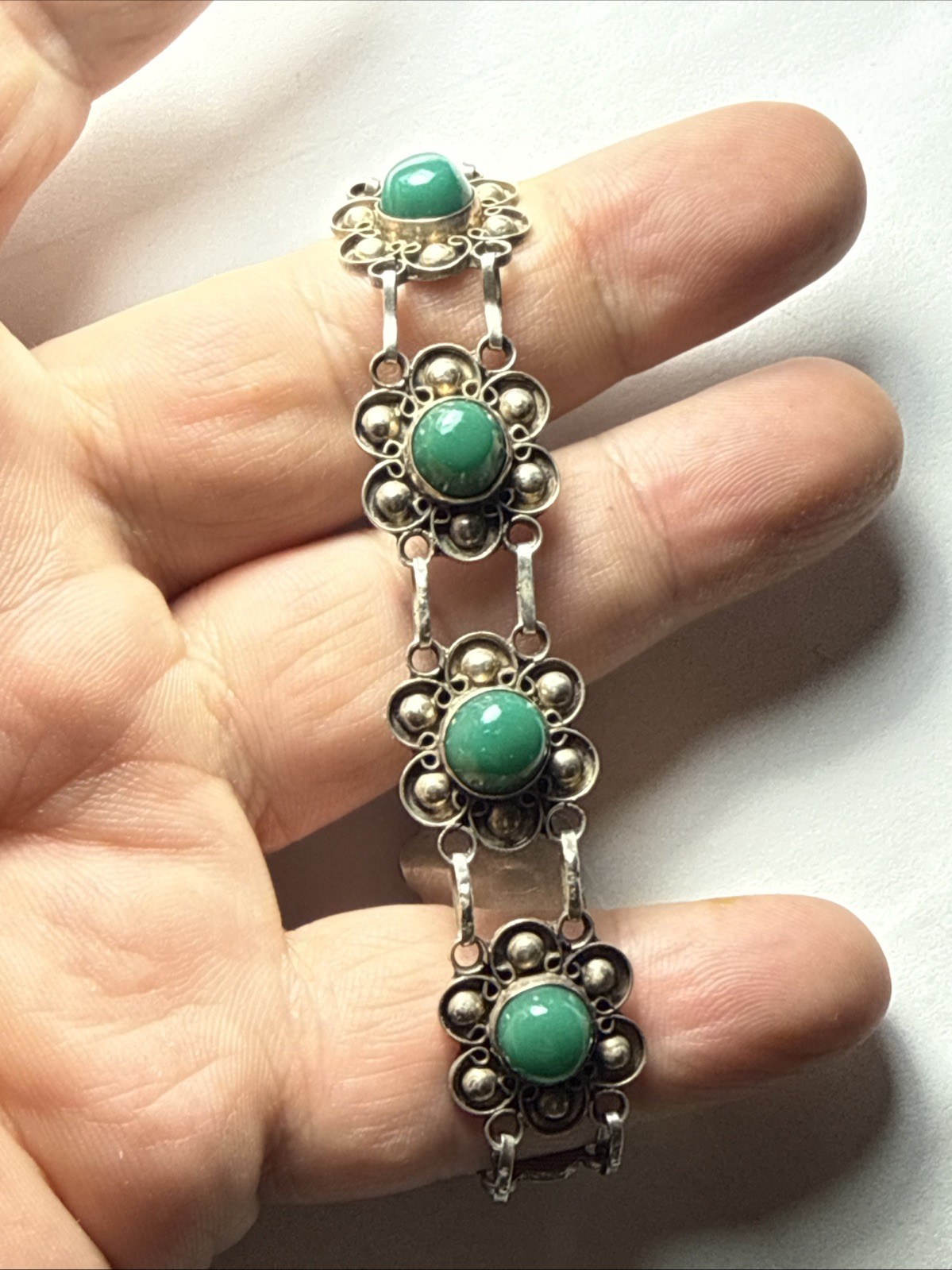 bracelet Taxco Mexico 980 Silver Better Than 925 Sterling Green Onyx Vintage 7.5