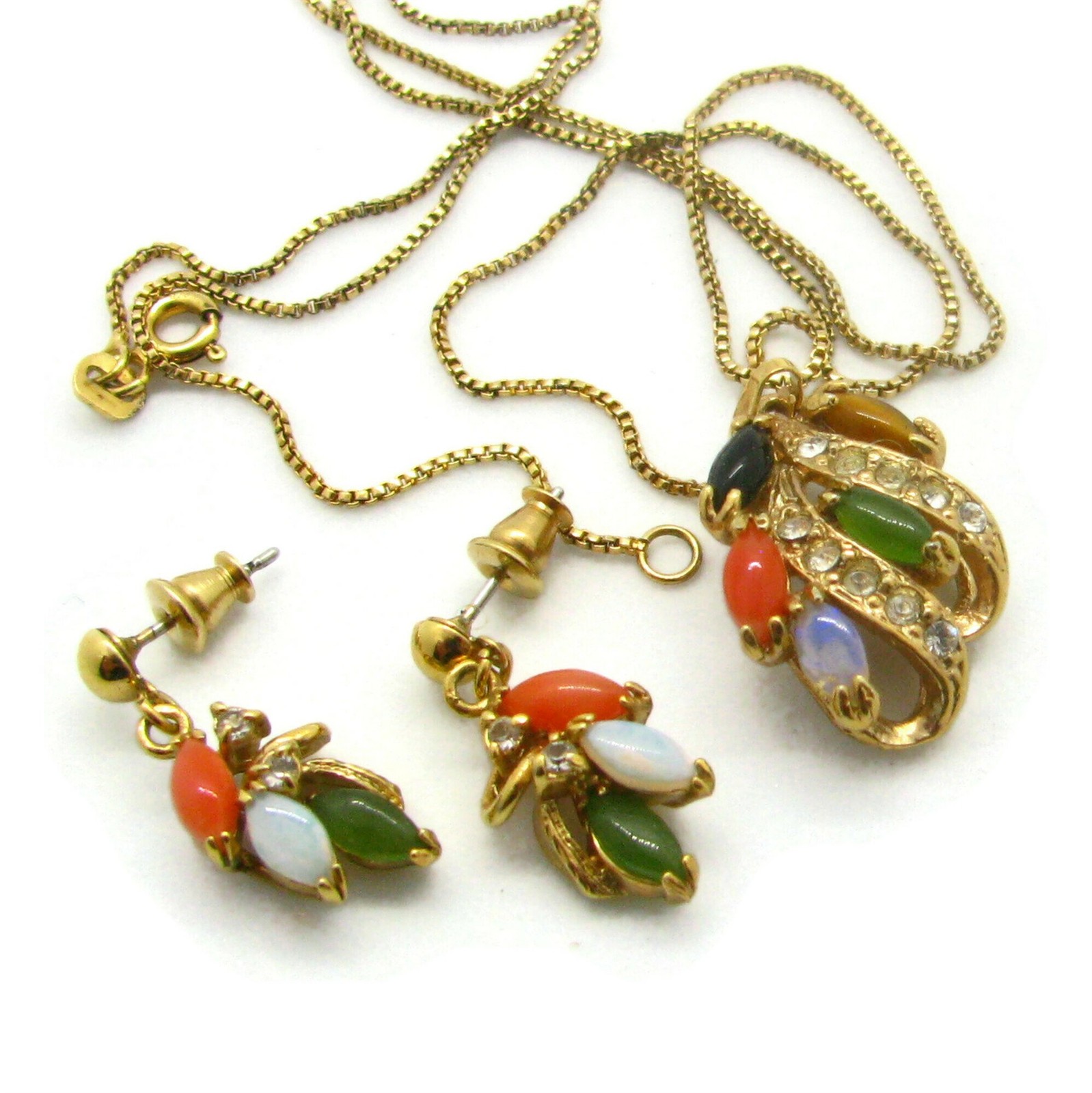 Gemstone Pendant & Earrings Gold Vermeil Chain Jade Opal Coral Onyx Tiger’s Eye
