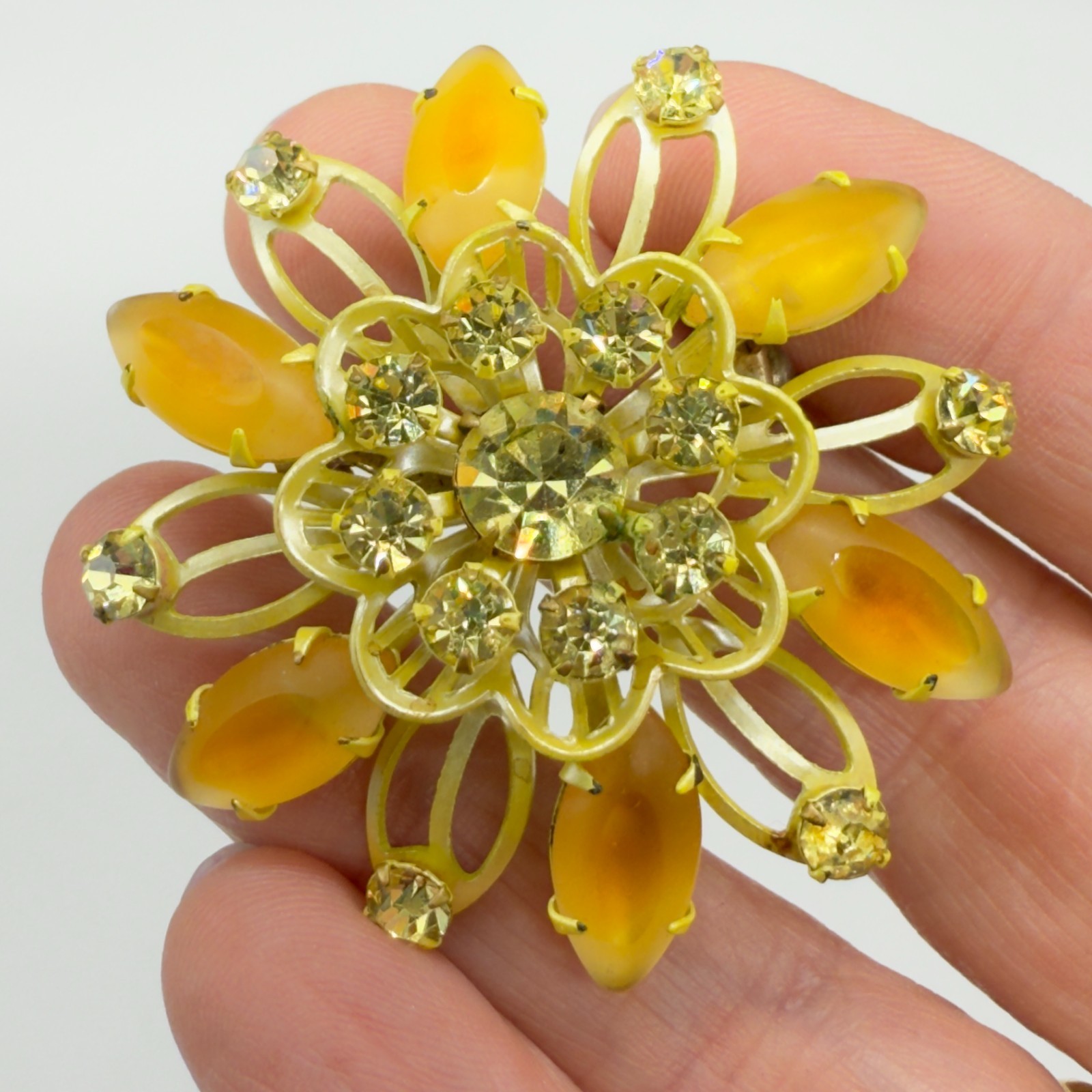 Vintage Enamel Brooch Yellow Flower Pin Dichroic Marquise Petals Rhinestones