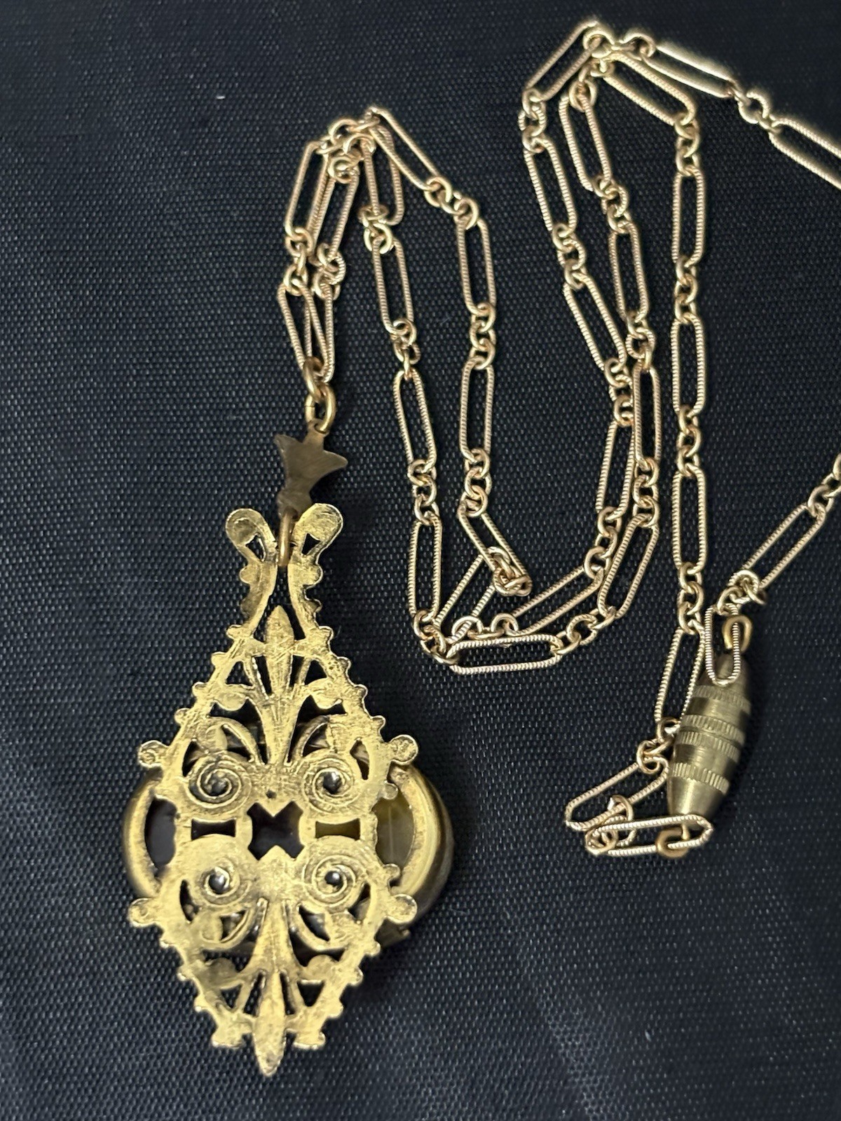 victorian Revival Cameo Pendant Necklace Gold Tone equestrian Horse Chariot 19”