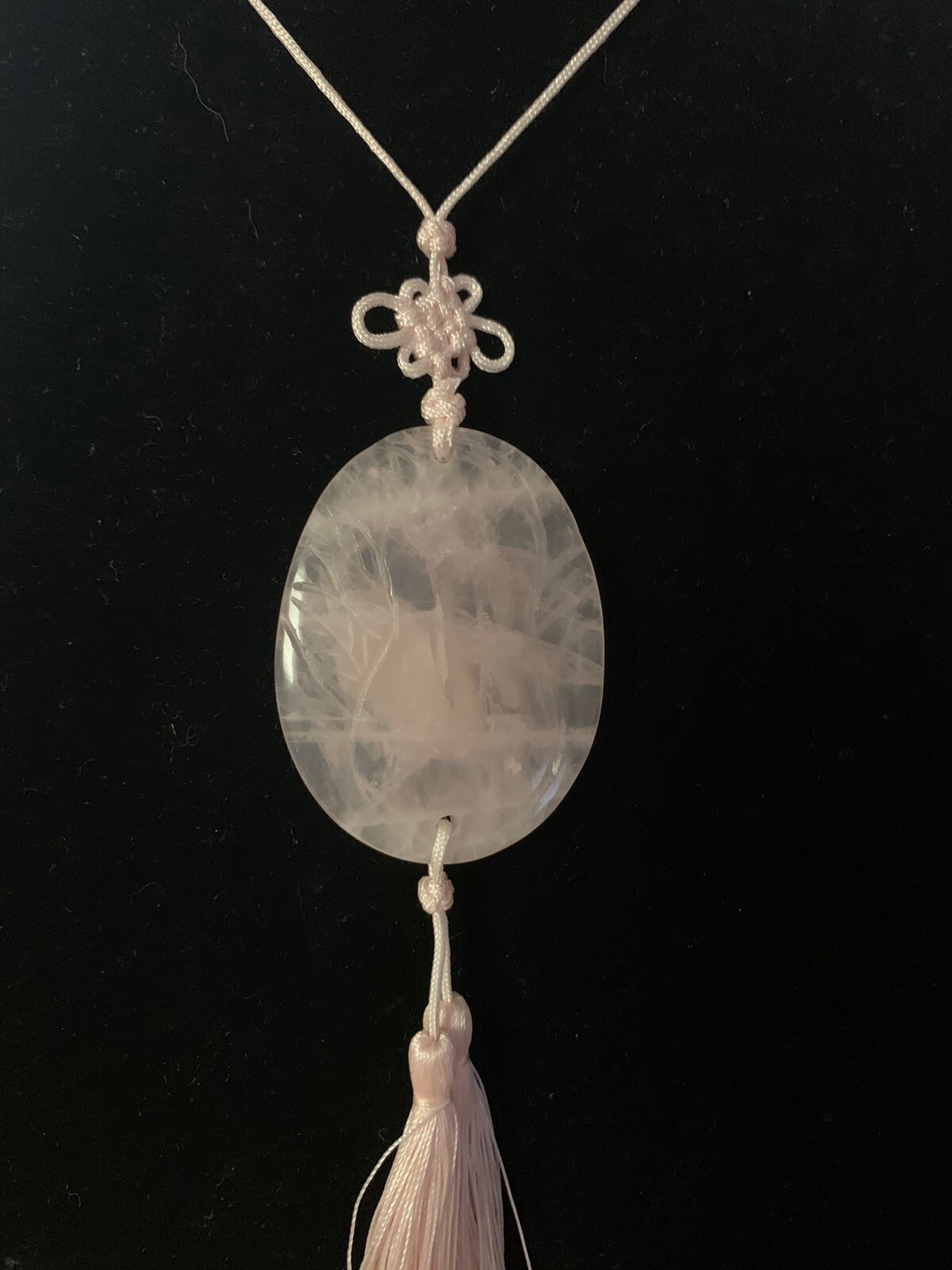 21″ VINTAGE CHINESE EXPORT CARVED PINK ROSE QUARTZ TASSEL PENDANT NECKLACE