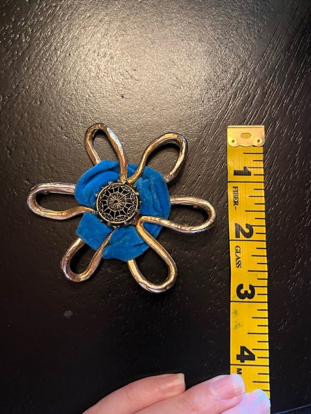 Vintage Floral Metal & Teal Velvet Brooch with Ornate Center Lester Joy