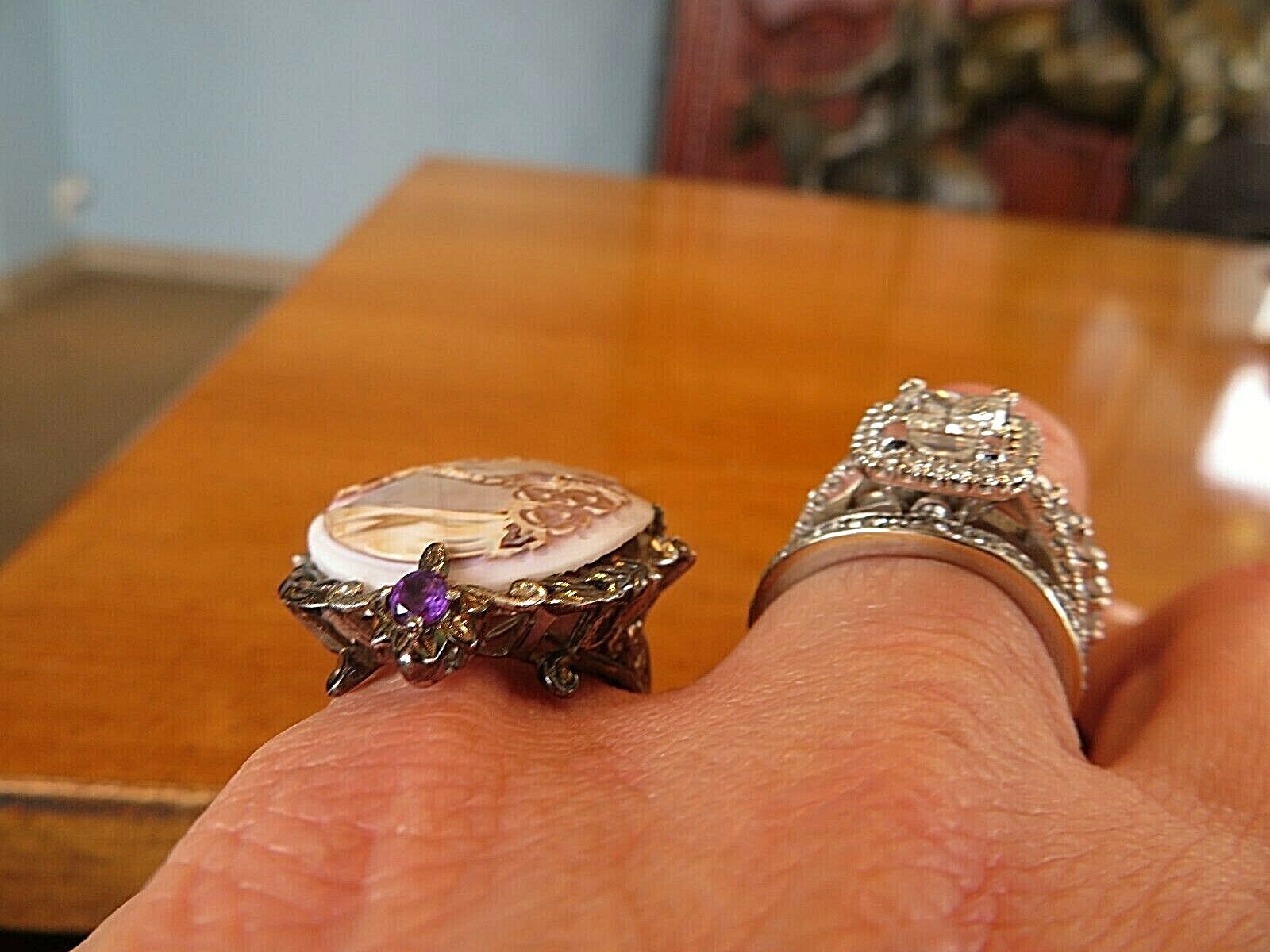 VINTAGE STERLING SILVER CARVED CAMEO AMETHYST RING SIZE 7 39X28MM