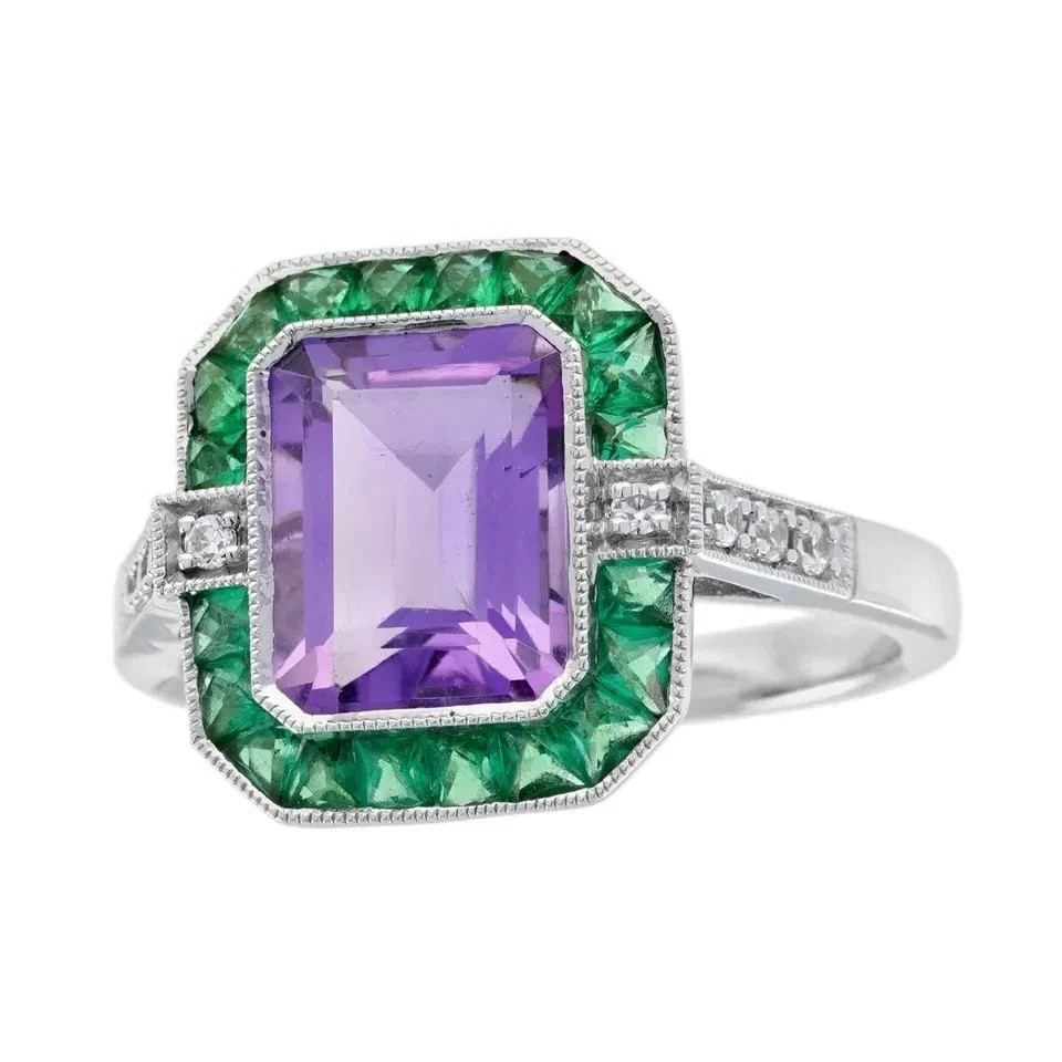 4Ct Art Deco Style Emerald & Amethyst Lab Created Diamond 14K White Gold FN Ring