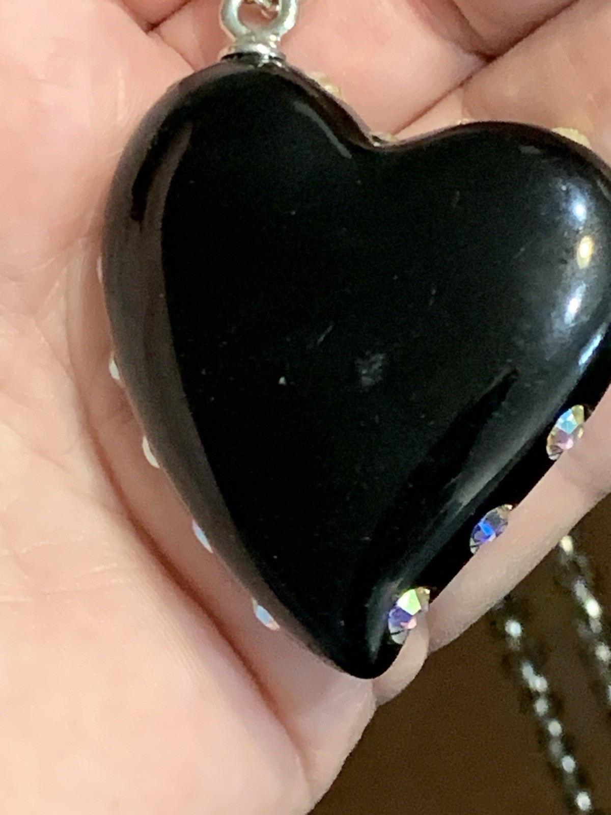 Vtg Black Lucite Pave AB Crystal 2”puff Heart Pendant Offset Hasp Valentine
