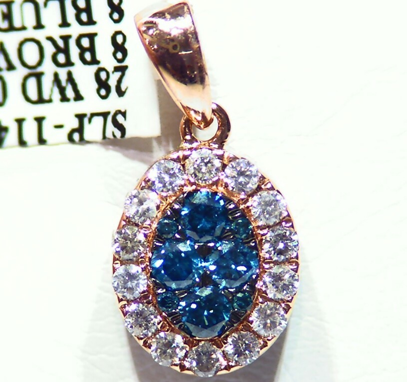 1.53CT 14K Gold Natural Diamond Chocolate Blue Round Halo Reversible Necklace