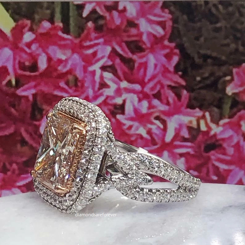 14K White Gold Finish Halo Ring 5Ct Princess Cut Champagne Moissanite Diamond