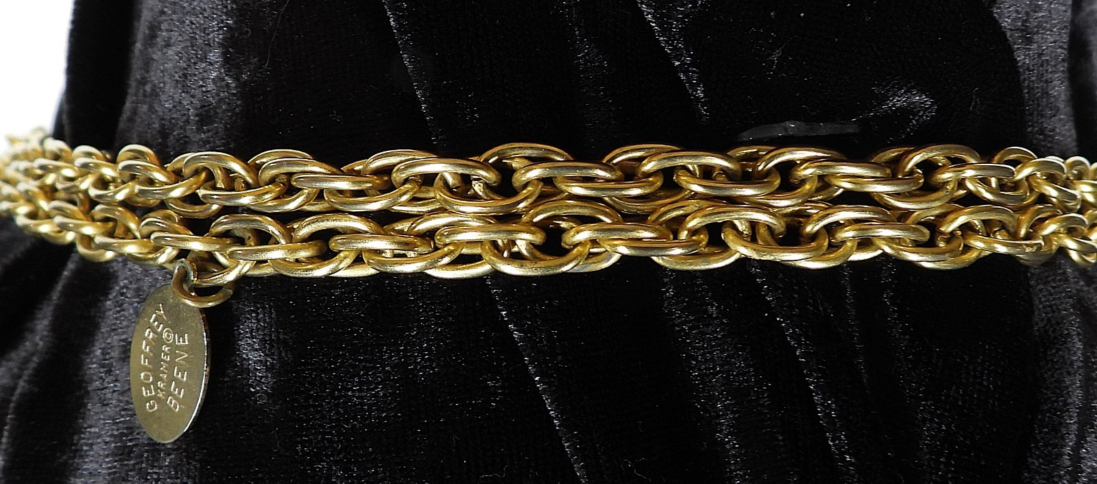 Vintage GEOFFREY BEENE Kramer Long Gold Tone Chain w Red Blue Green Pearl Beads