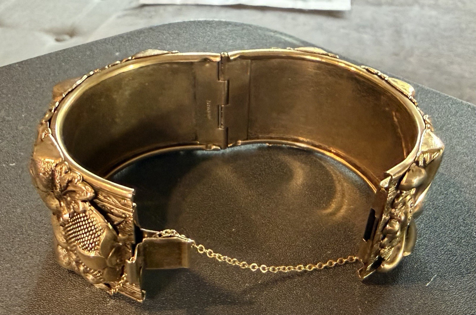 Vintage Vargas Gold Tone Wide Hinged Bracelet Floral Raised Design Safety Chain