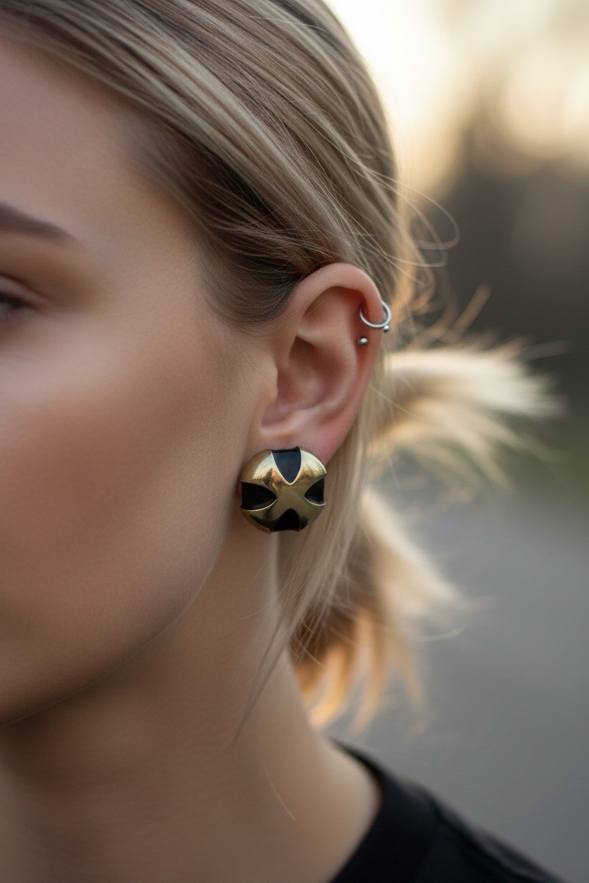 Vintage Punk Gay Boyer Maltese Cross Gold Tone Black Enamel Clip-On Earrings